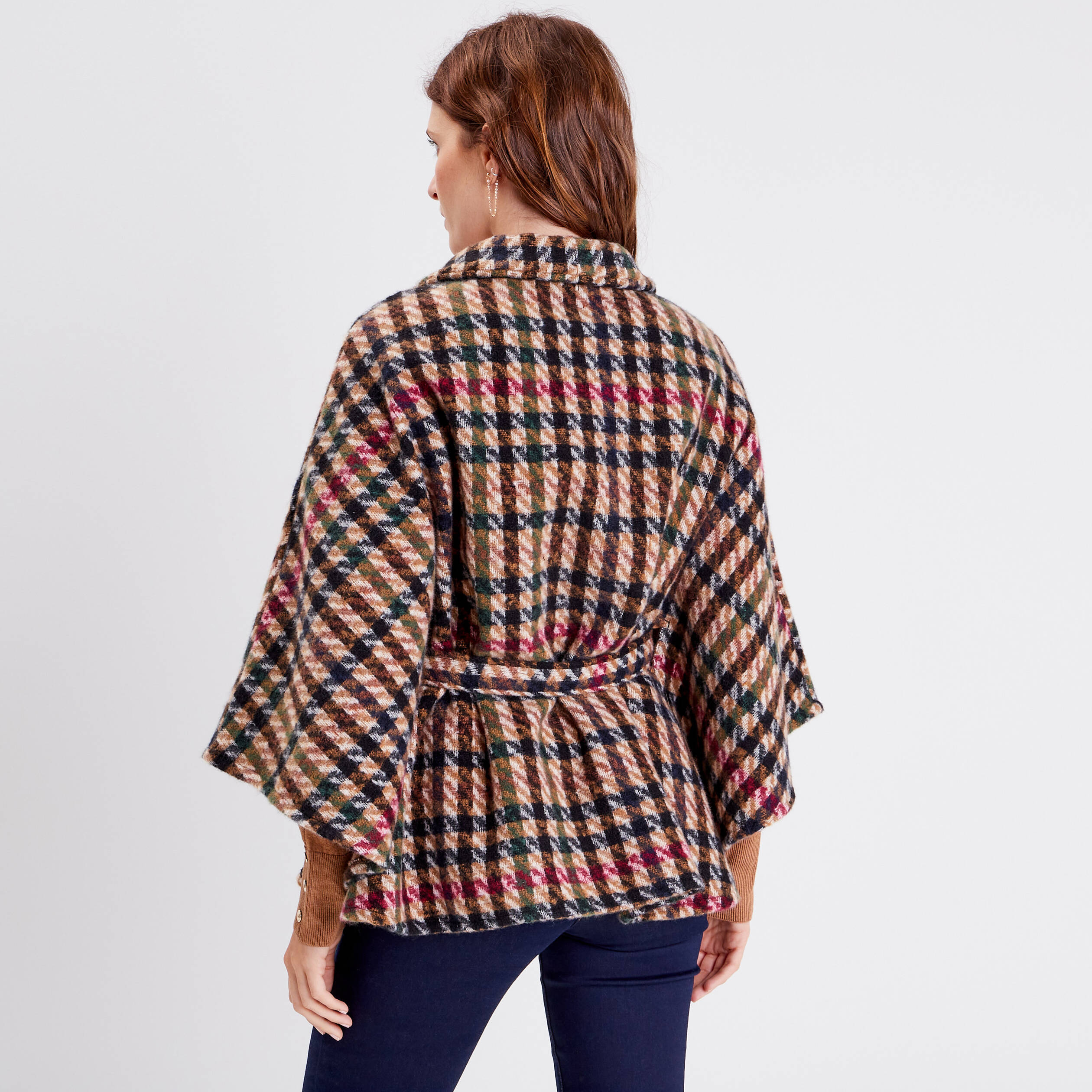 Poncho boutonné ceinturé ecru femme