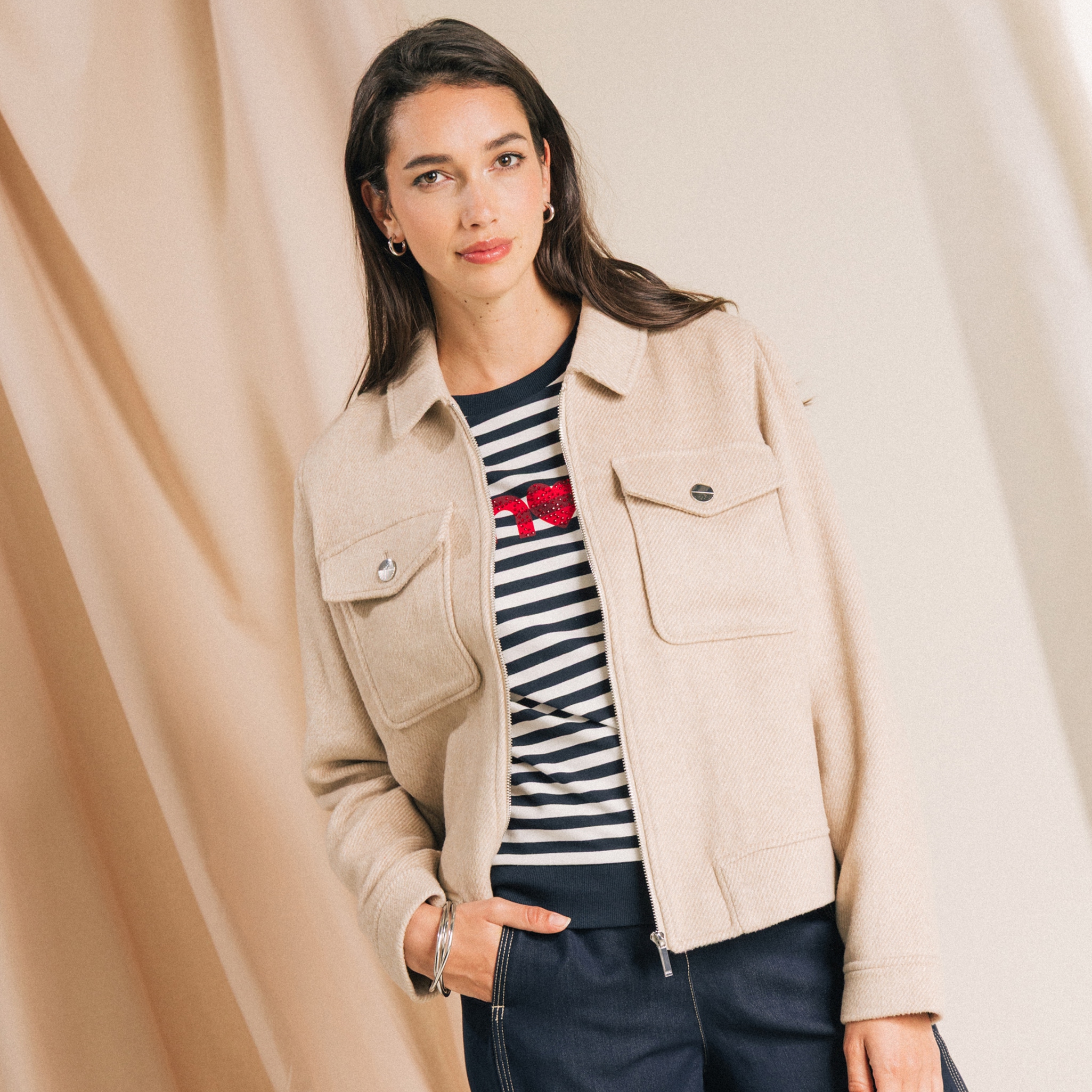 Veste manches longues doubl&eacute;e creme femme