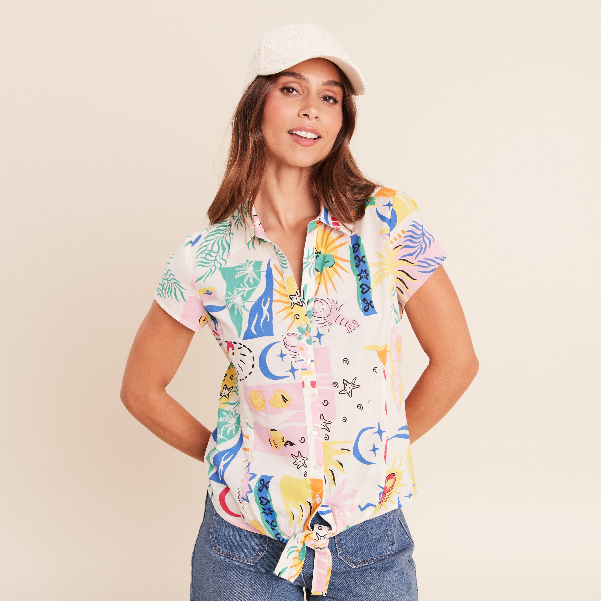 Chemise ajust&eacute;e courte manches courtes multicolore femme