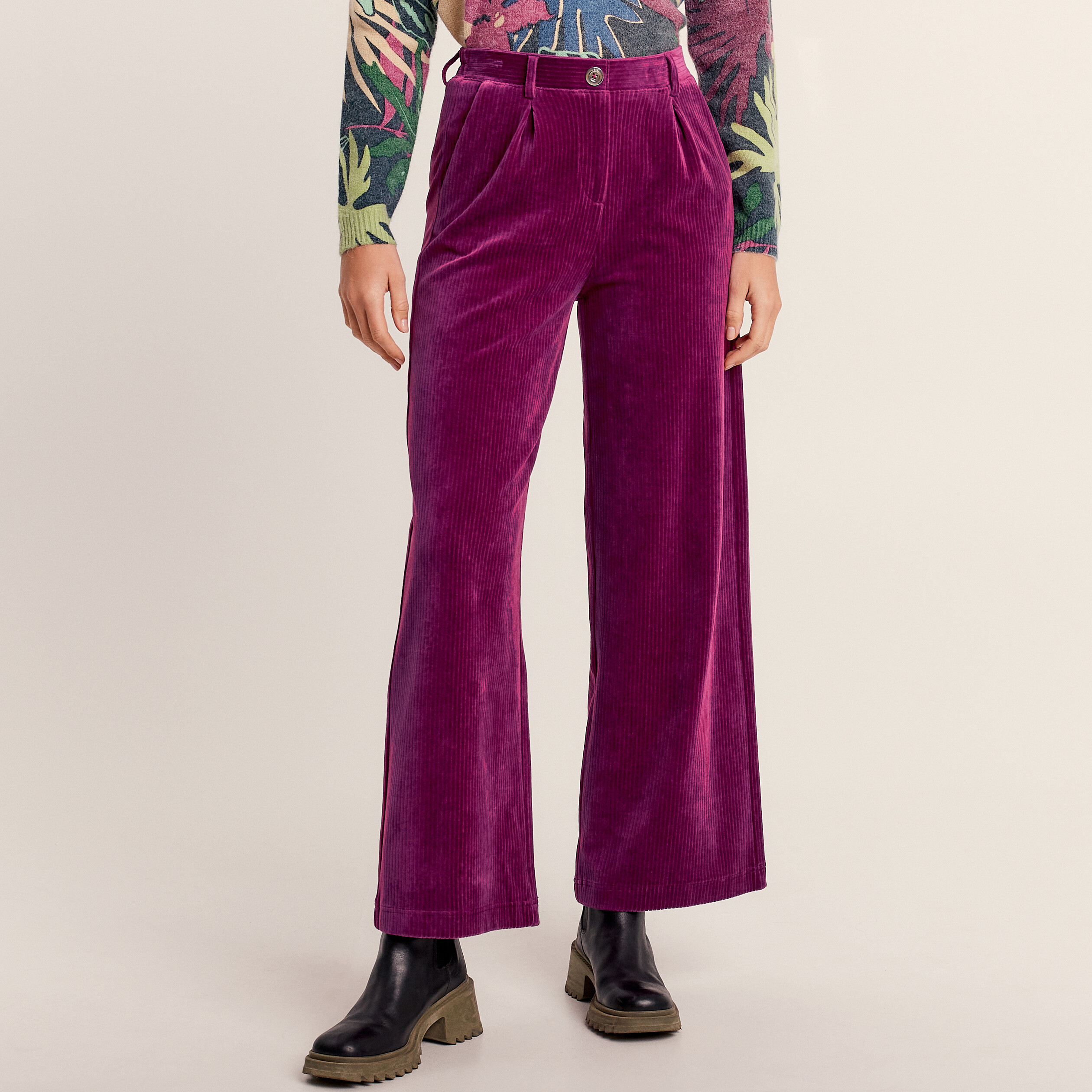 Pantalon large velours prune femme