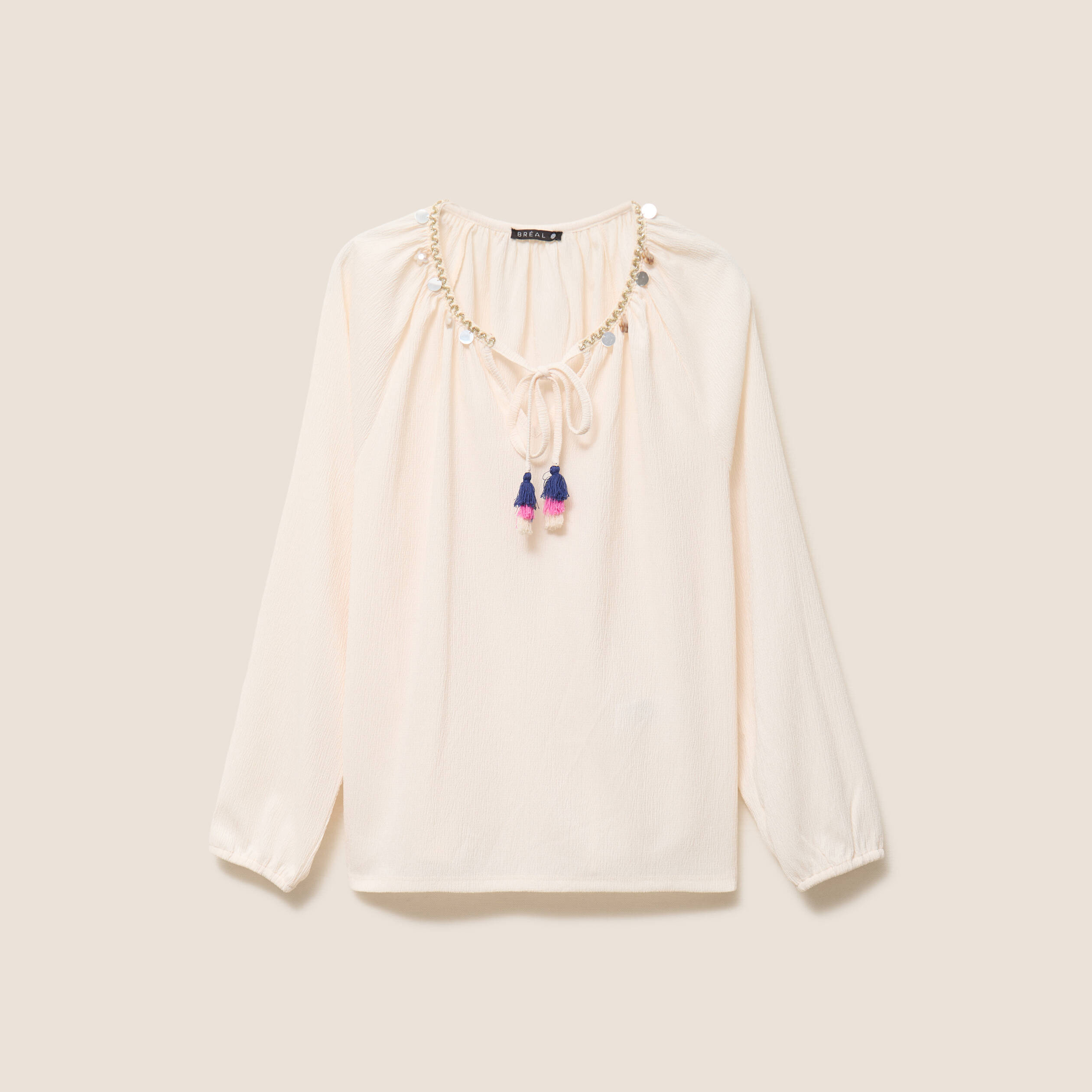 Blouse col tunisien manches longues ecru femme