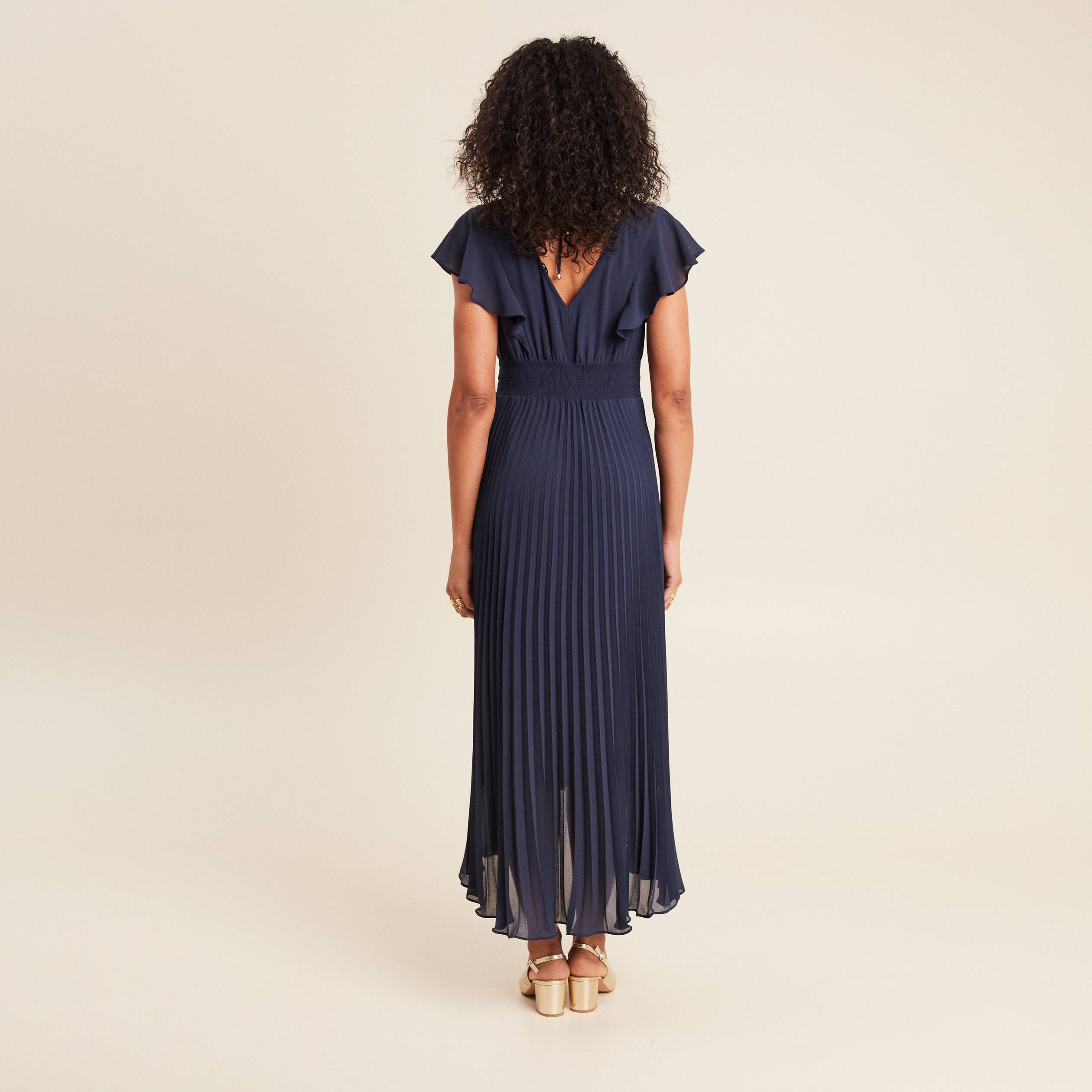 Robe longue &eacute;vas&eacute;e &agrave; volants bleu marine femme