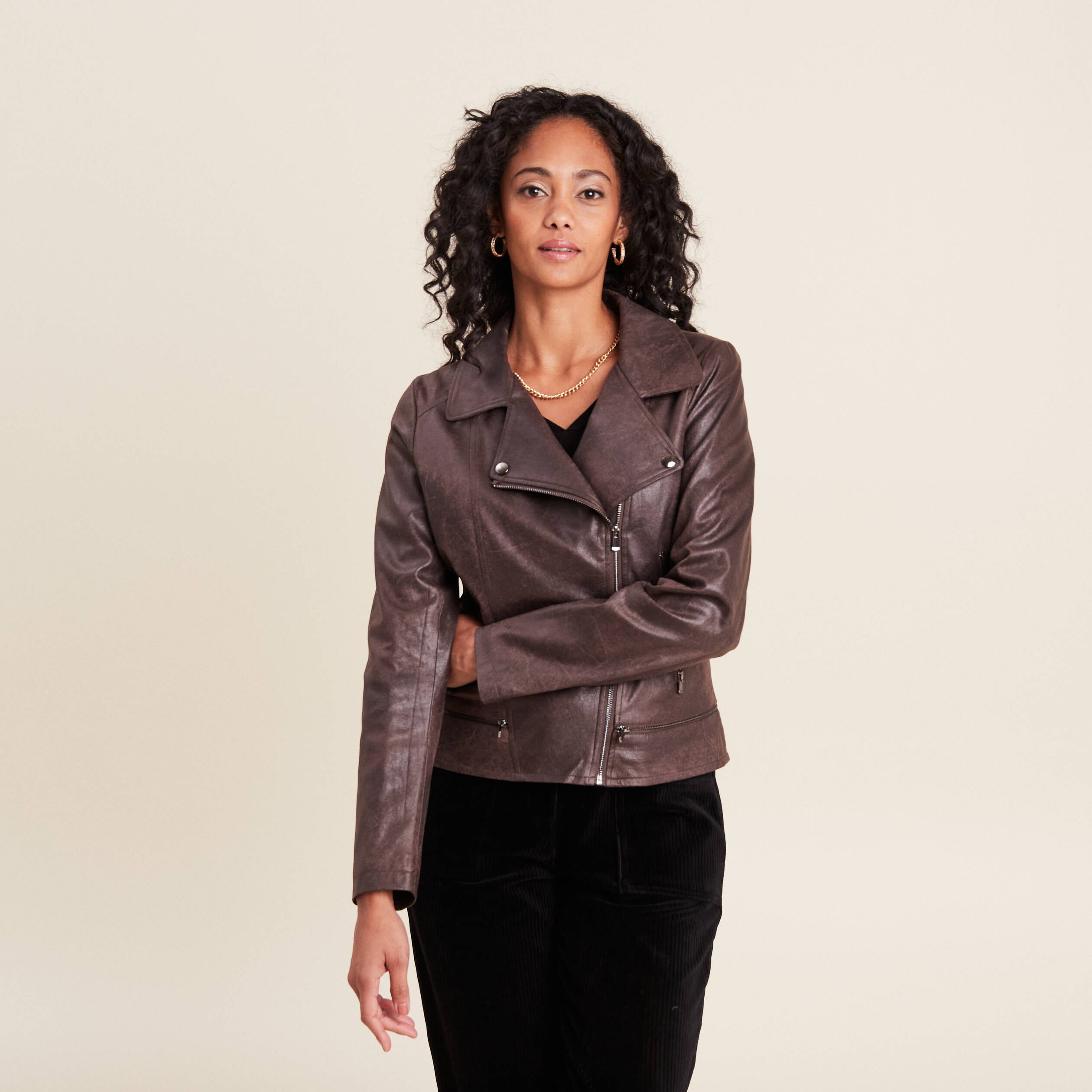 Veste esprit motard zippee marron fonce femme Vibs