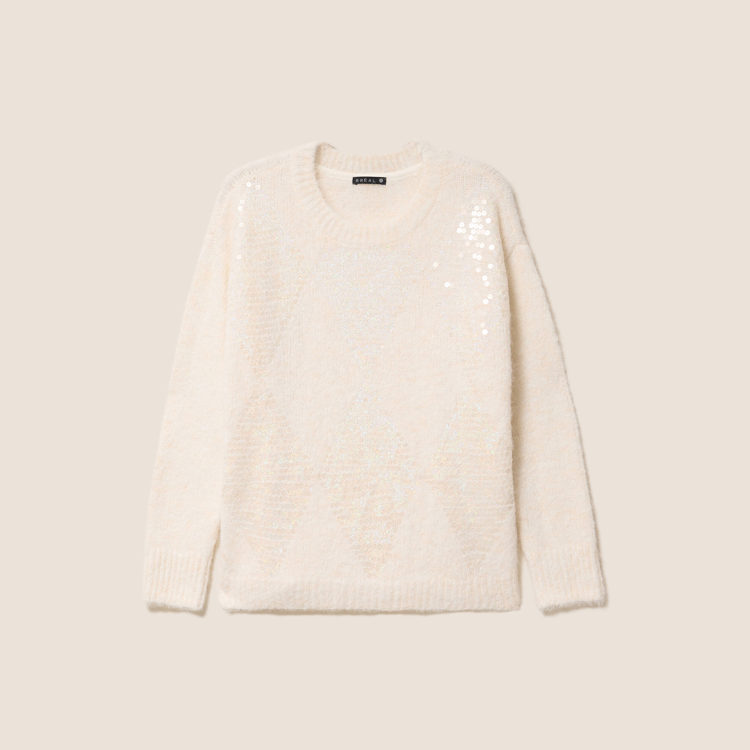 Pull col rond manches longues &agrave; sequins ecru femme