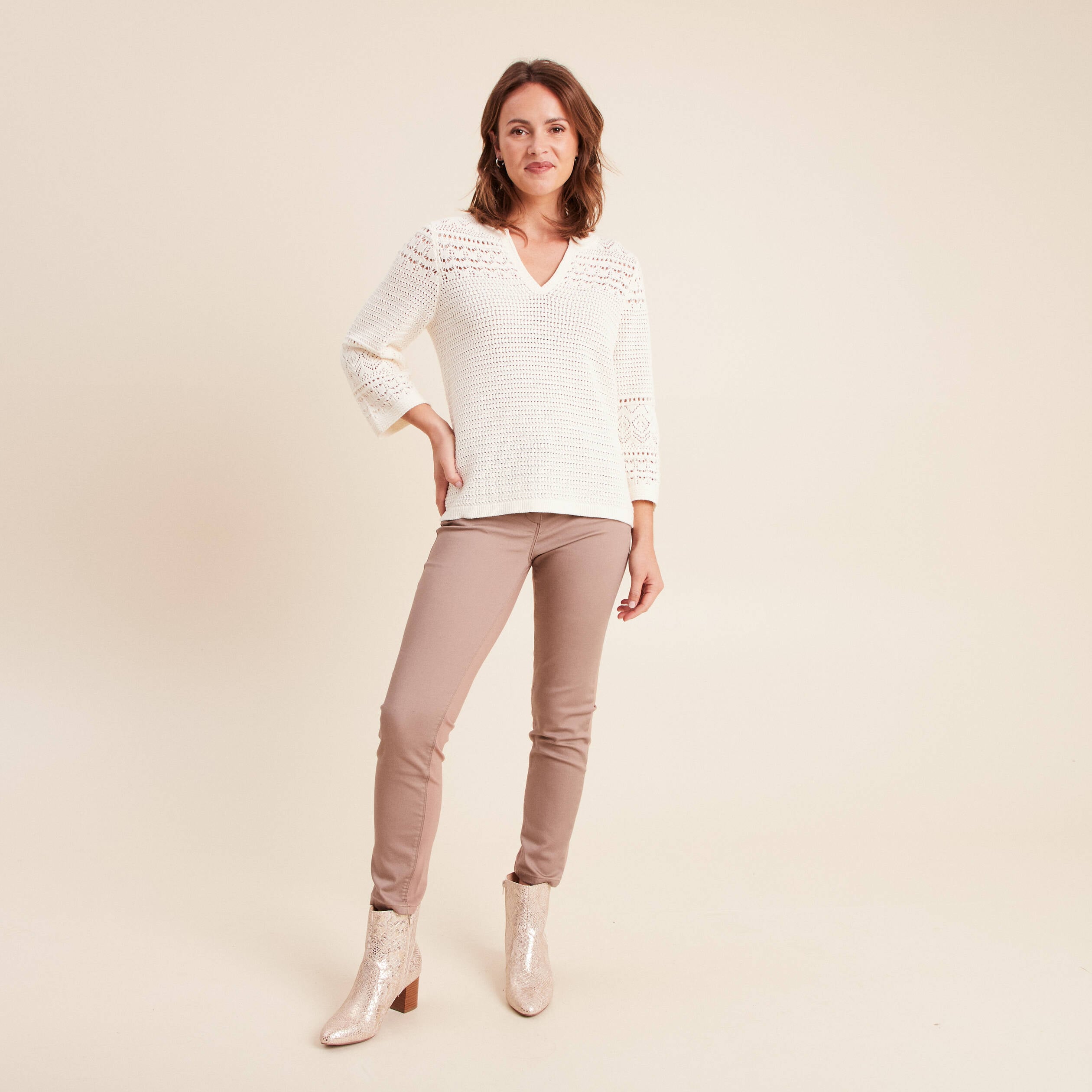Pull col tunisien manches 3/4 ecru femme