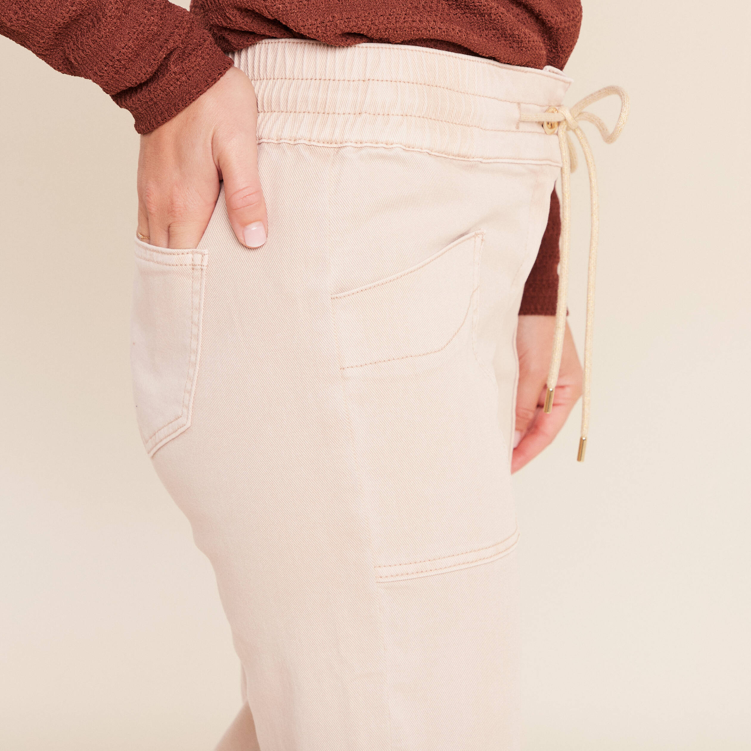 Pantalon taille haute coupe droite denim beige femme