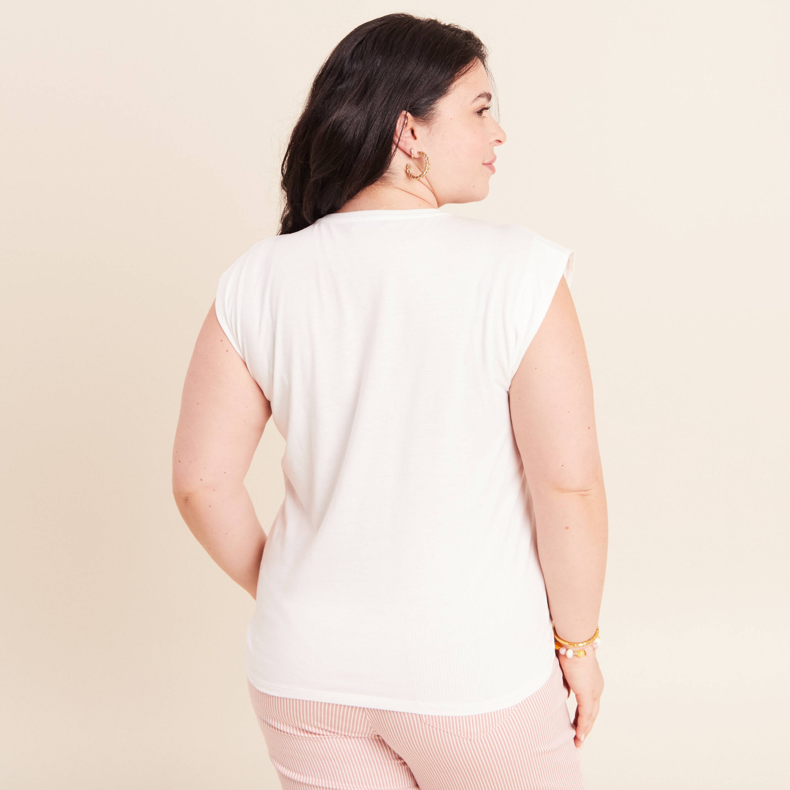 T-shirt col rond sans manches ecru femme