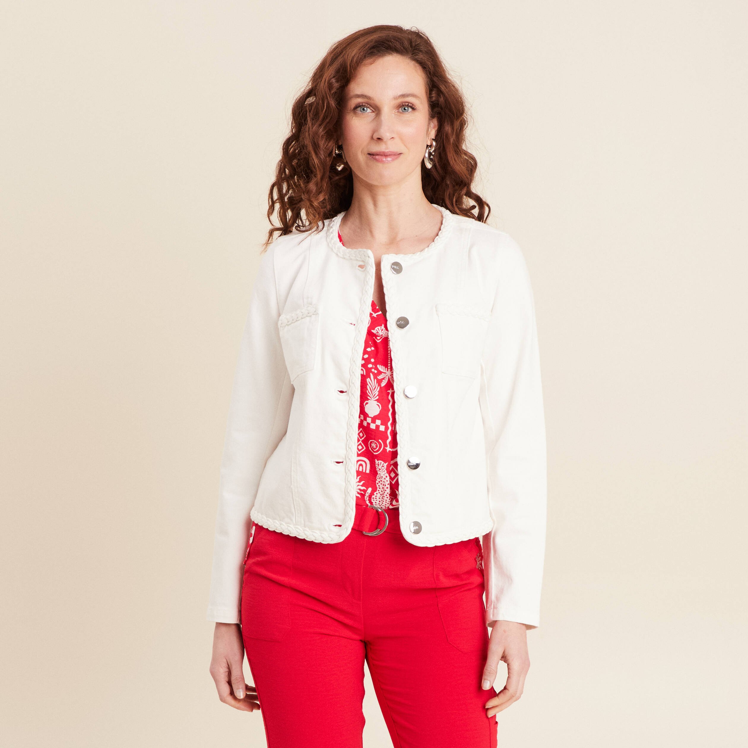 veste en jean details tresses blanc femme Veste en jean détails tressés blanc femme