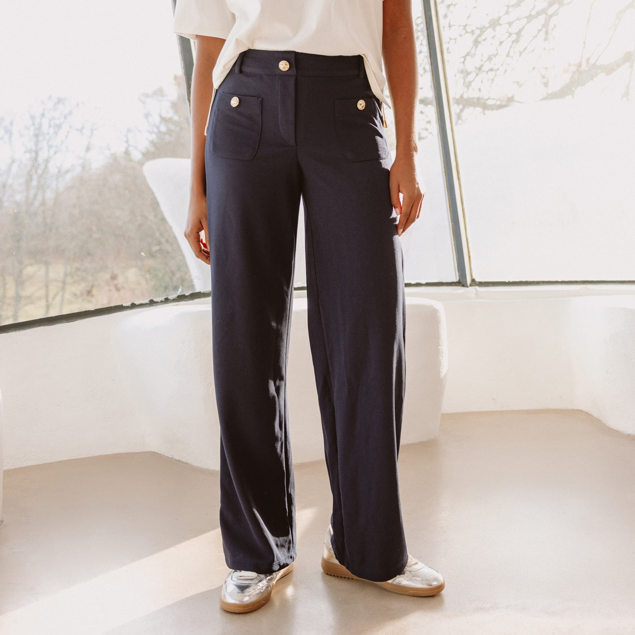 Pantalon coupe droite taille haute bleu fonc&eacute; femme
