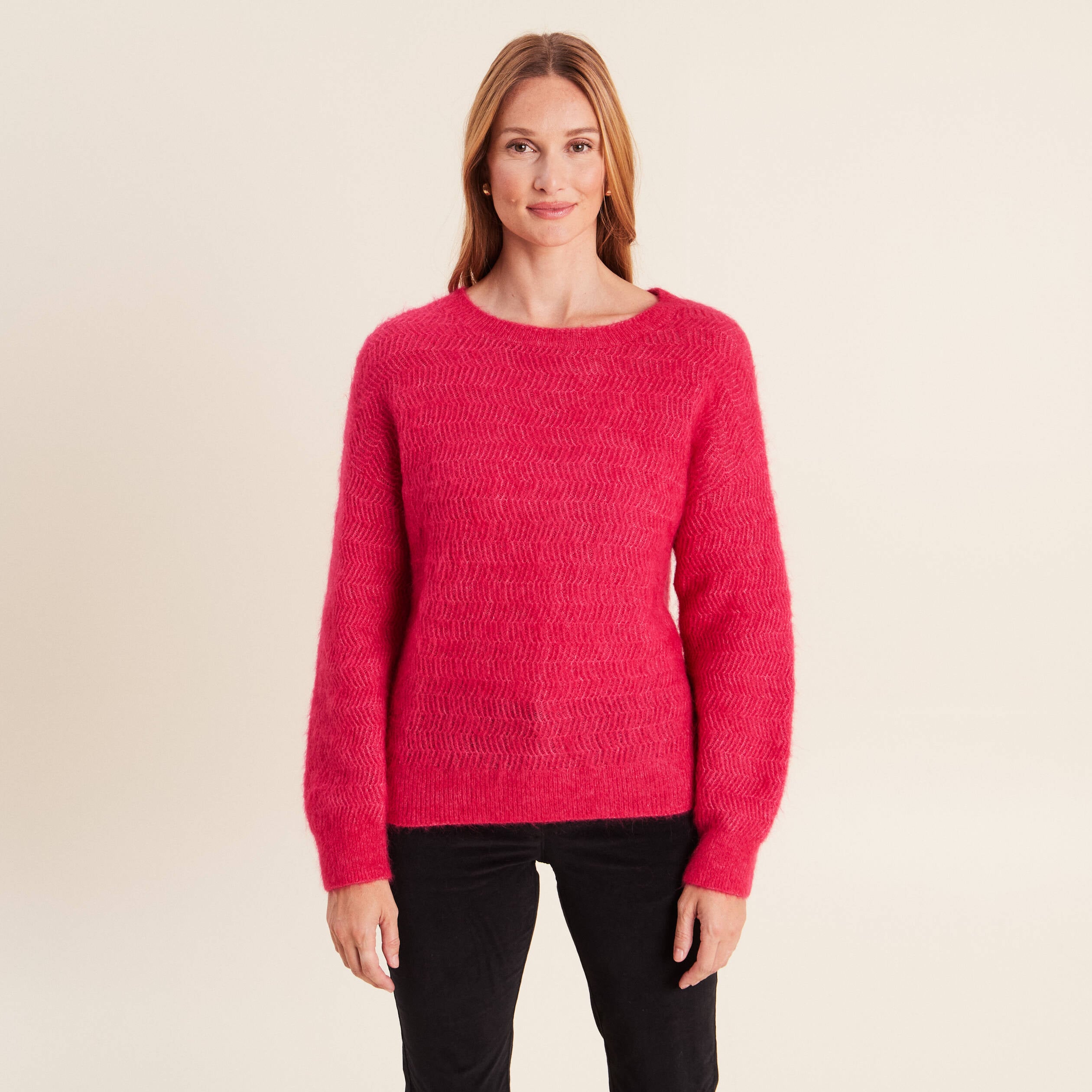 Pull droit col rond manches longues rose femme