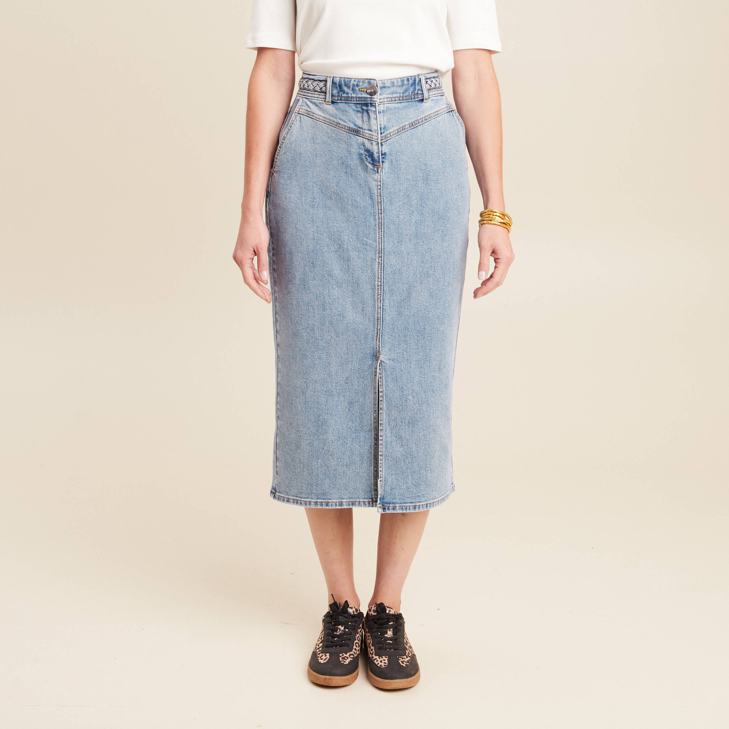 jupe longue droite taille haute en jean denim double stone femme Jupe longue droite taille haute en jean denim double stone femme