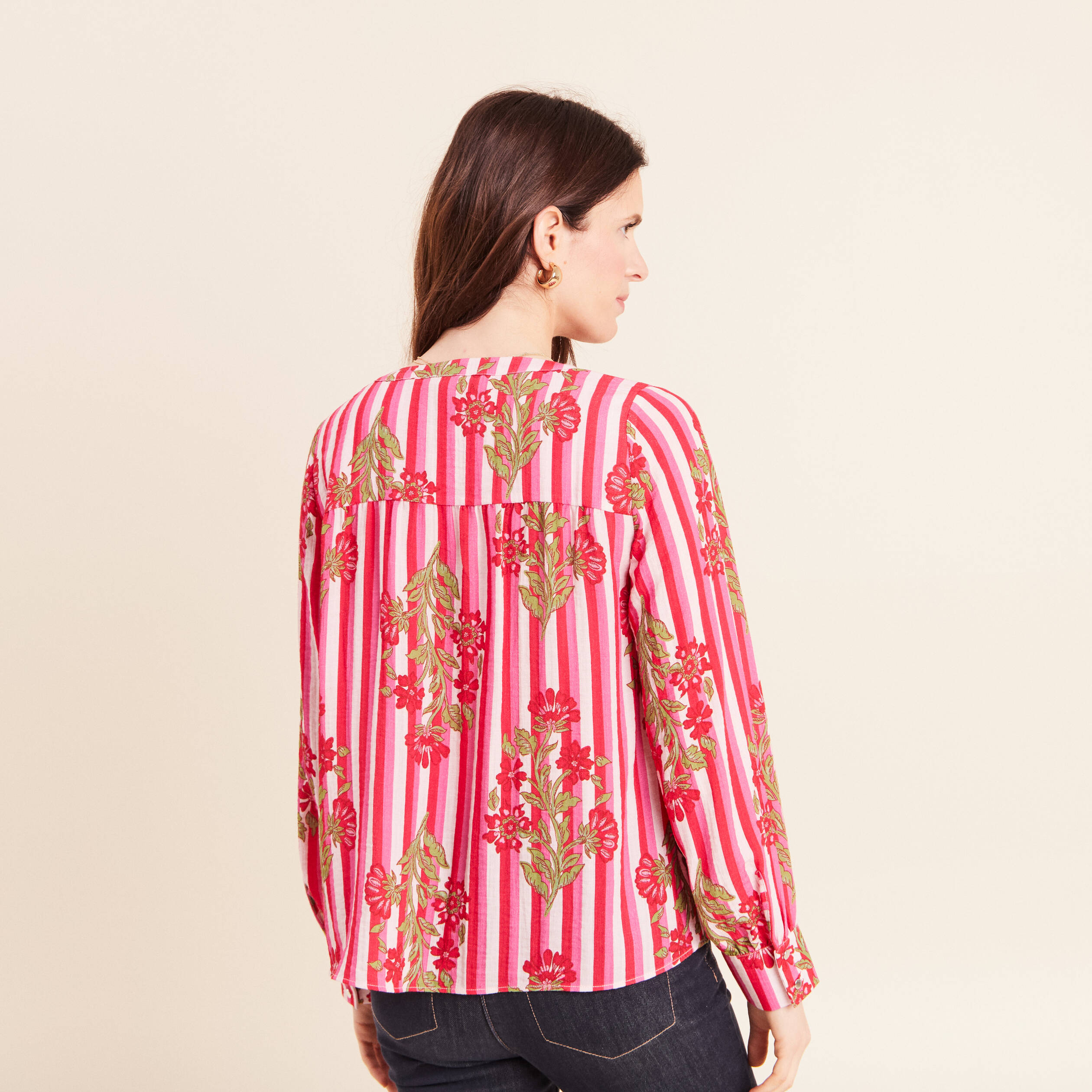 Blouse ample col v manches longues rose femme