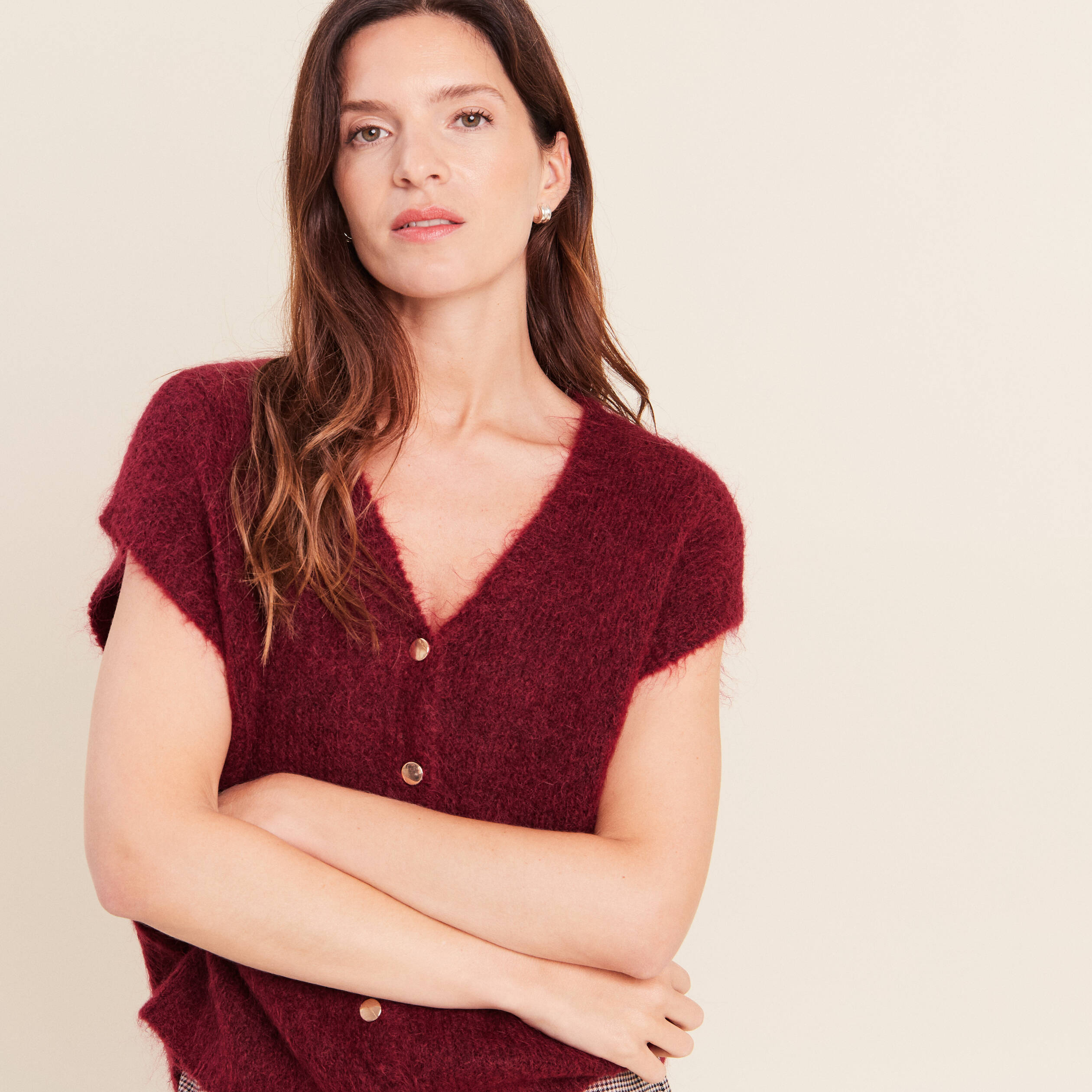 Gilet droit mi-long col v bordeaux femme