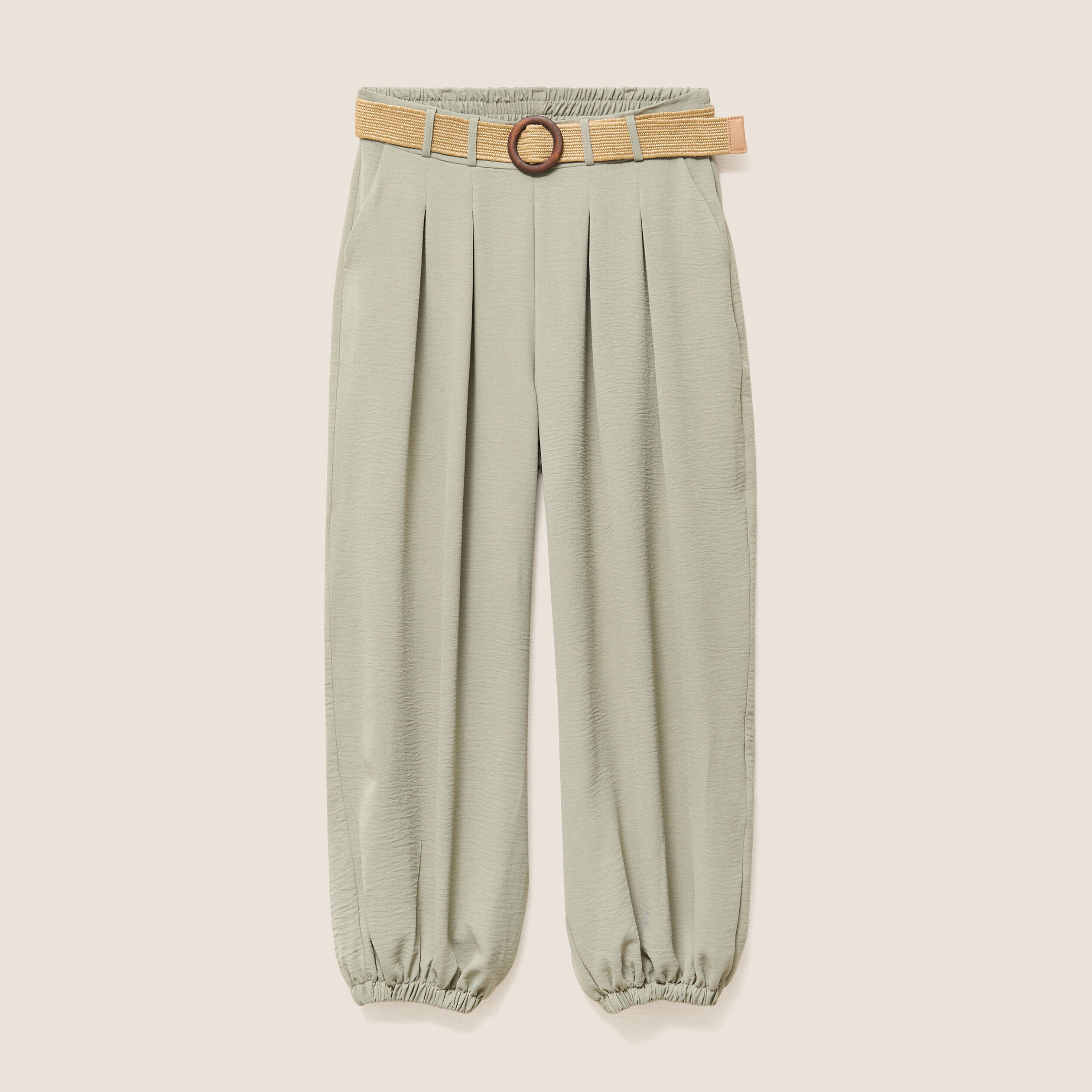 Pantalon large pliss&eacute; vert clair femme