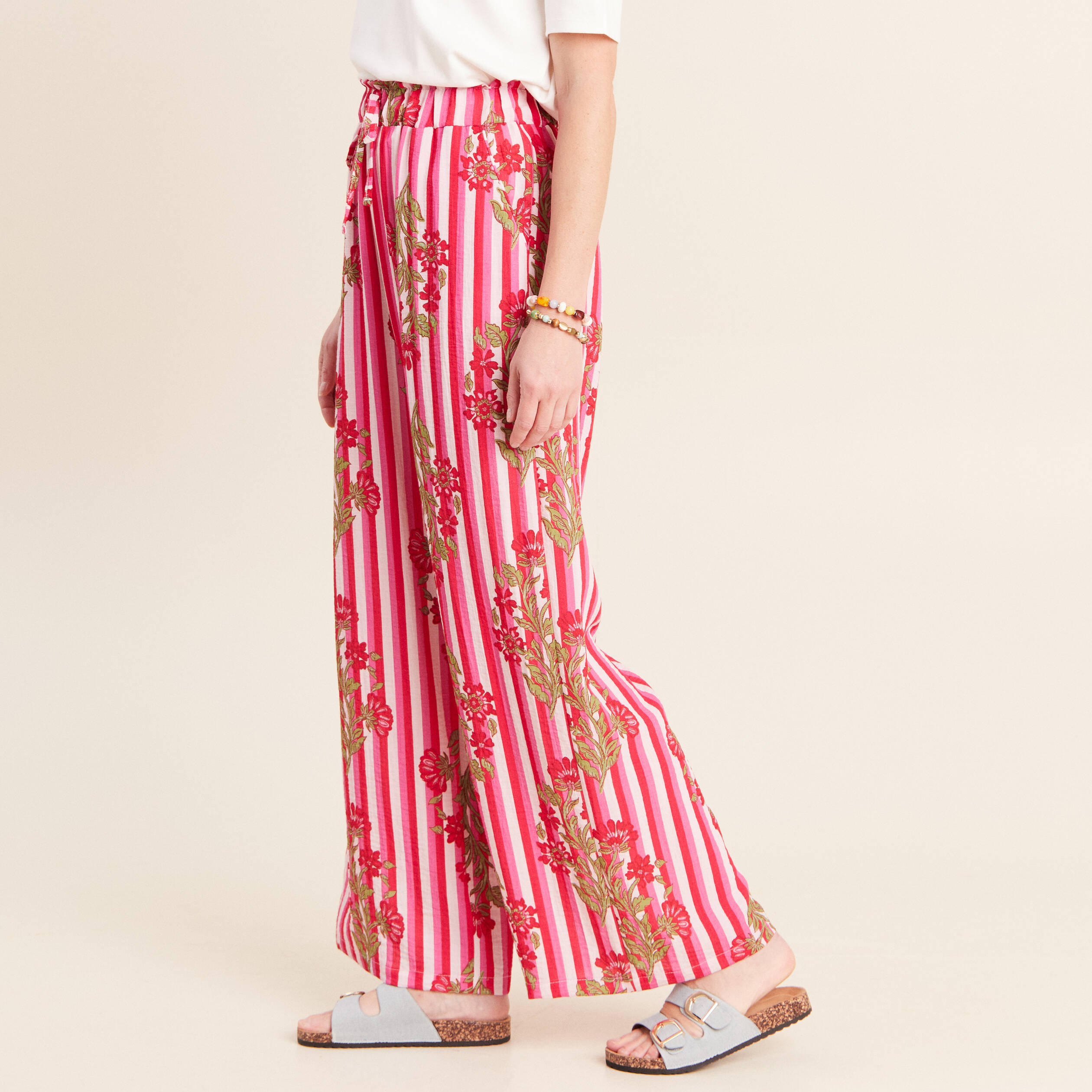 Pantalon large taille haute rose femme