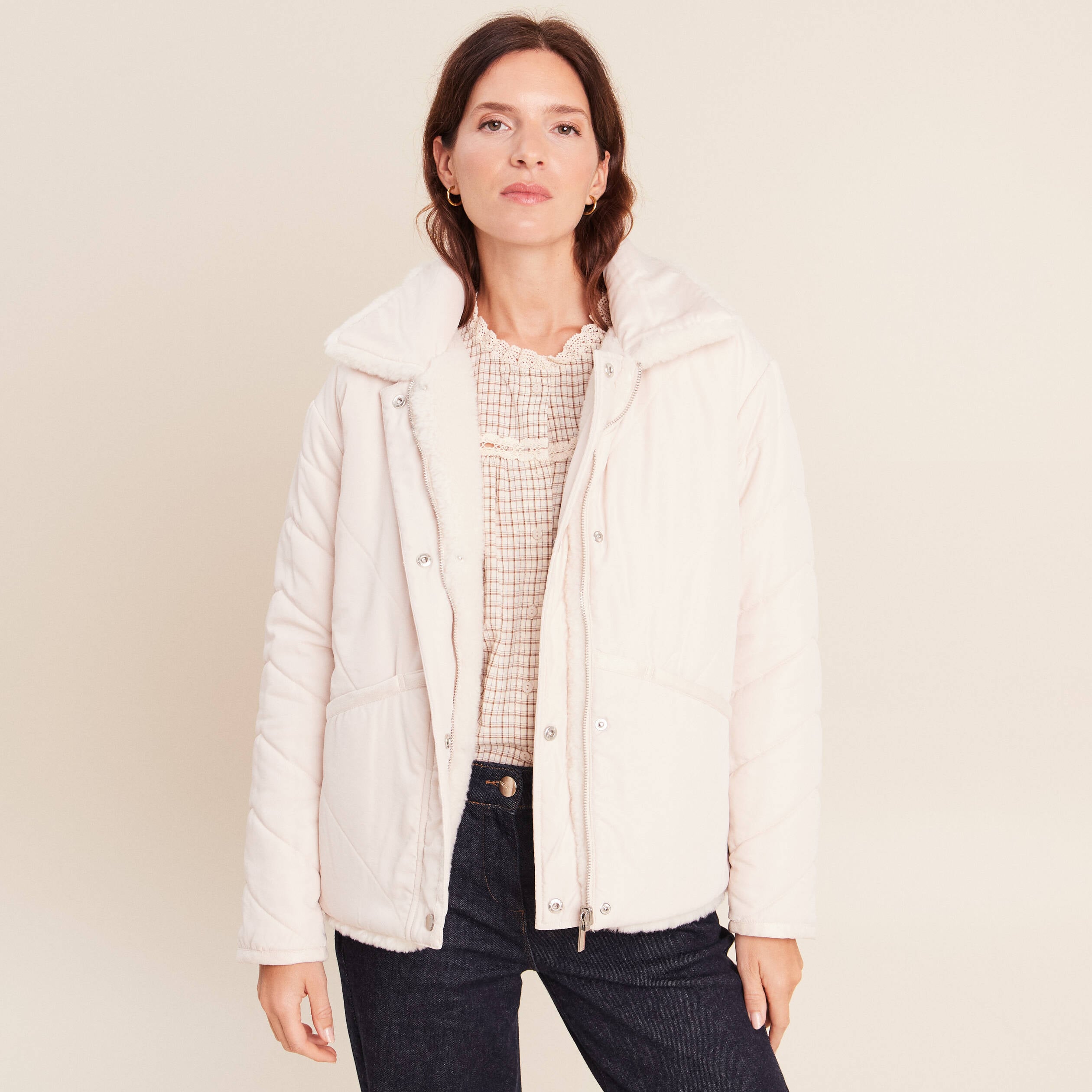 Doudoune r&eacute;versible aspect polaire ivoire femme