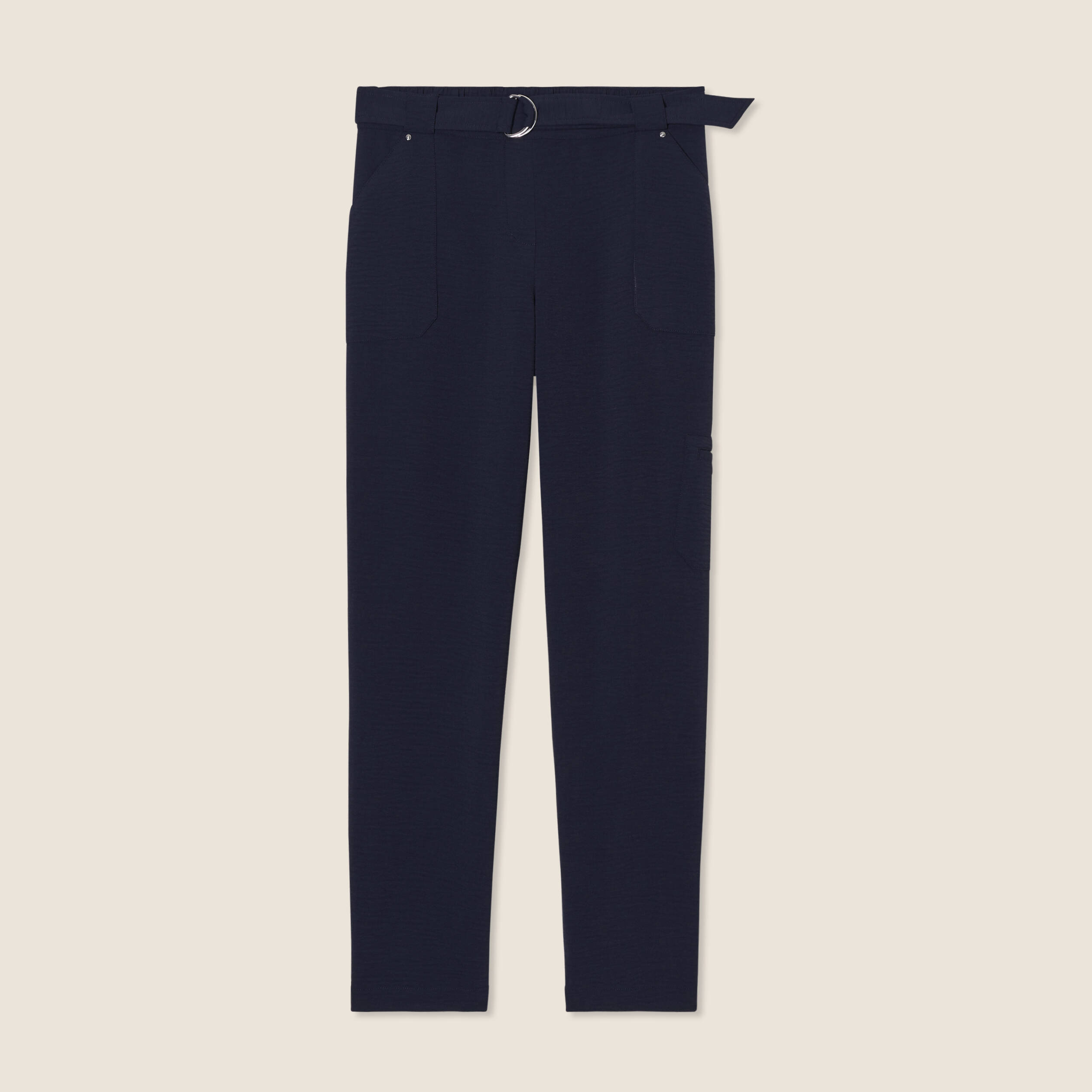 Pantalon flou ceinturé bleu foncé femme