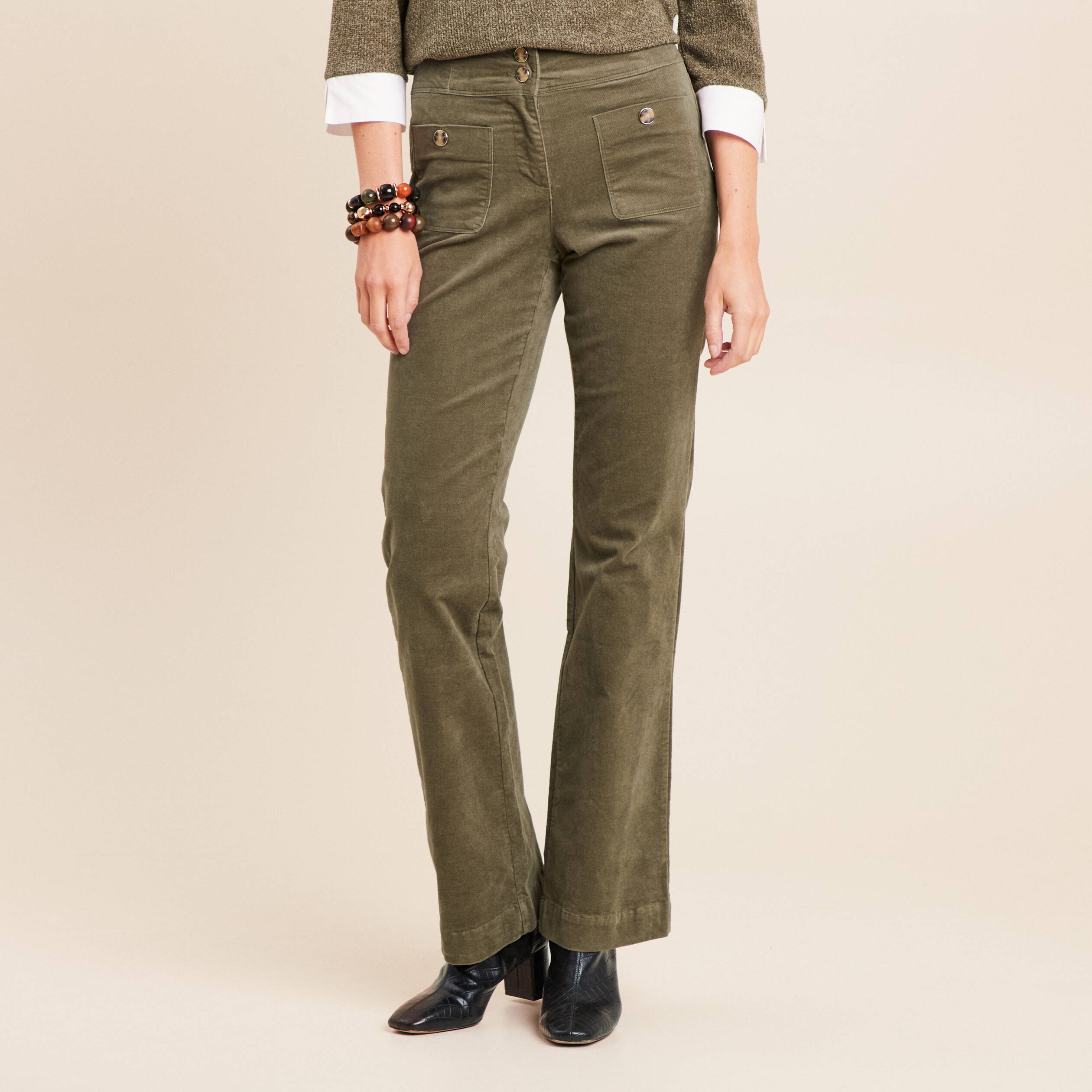 Pantalon bootcut taille haute velours vert kaki femme