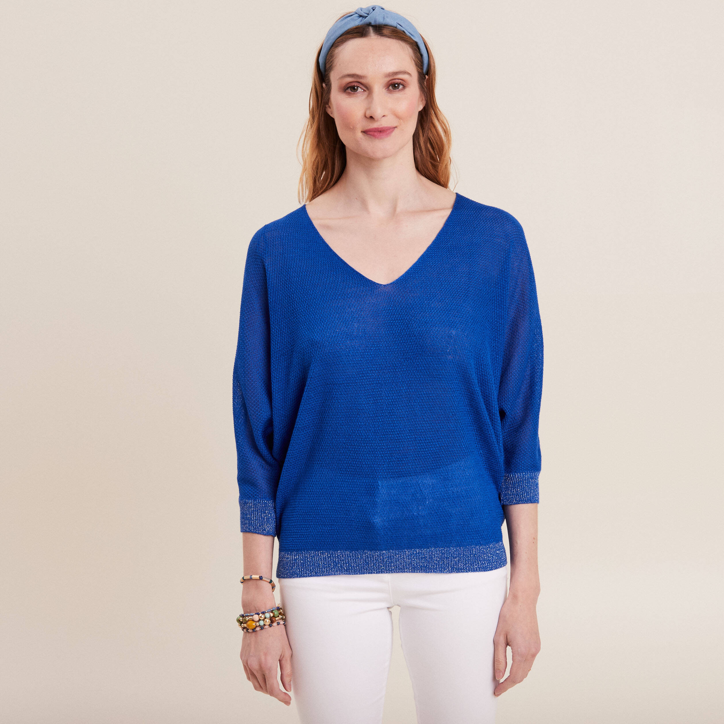 pull manches longues col en v bleu electrique femme Pull manches longues col en V bleu electrique femme