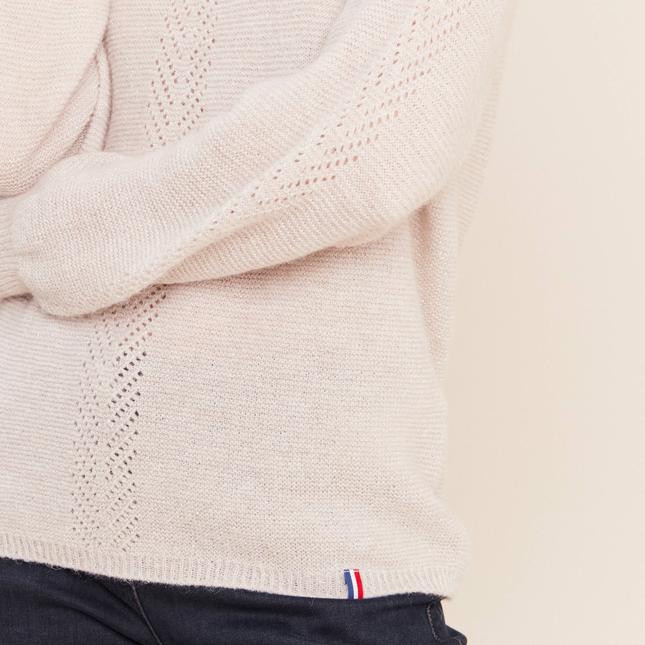 Pull droit col rond manches longues beige femme