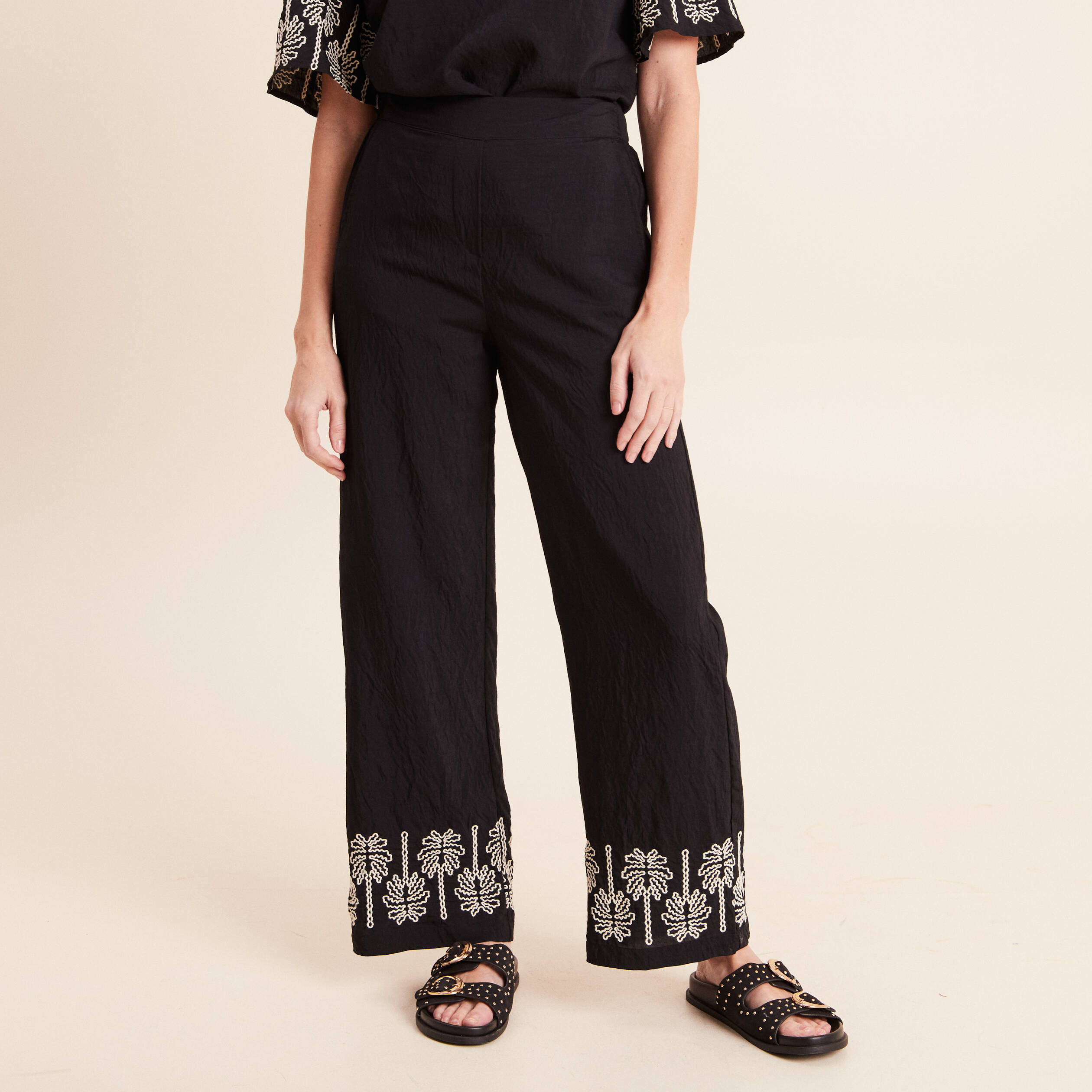 Pantalon large 7/8&egrave;me taille haute noir femme