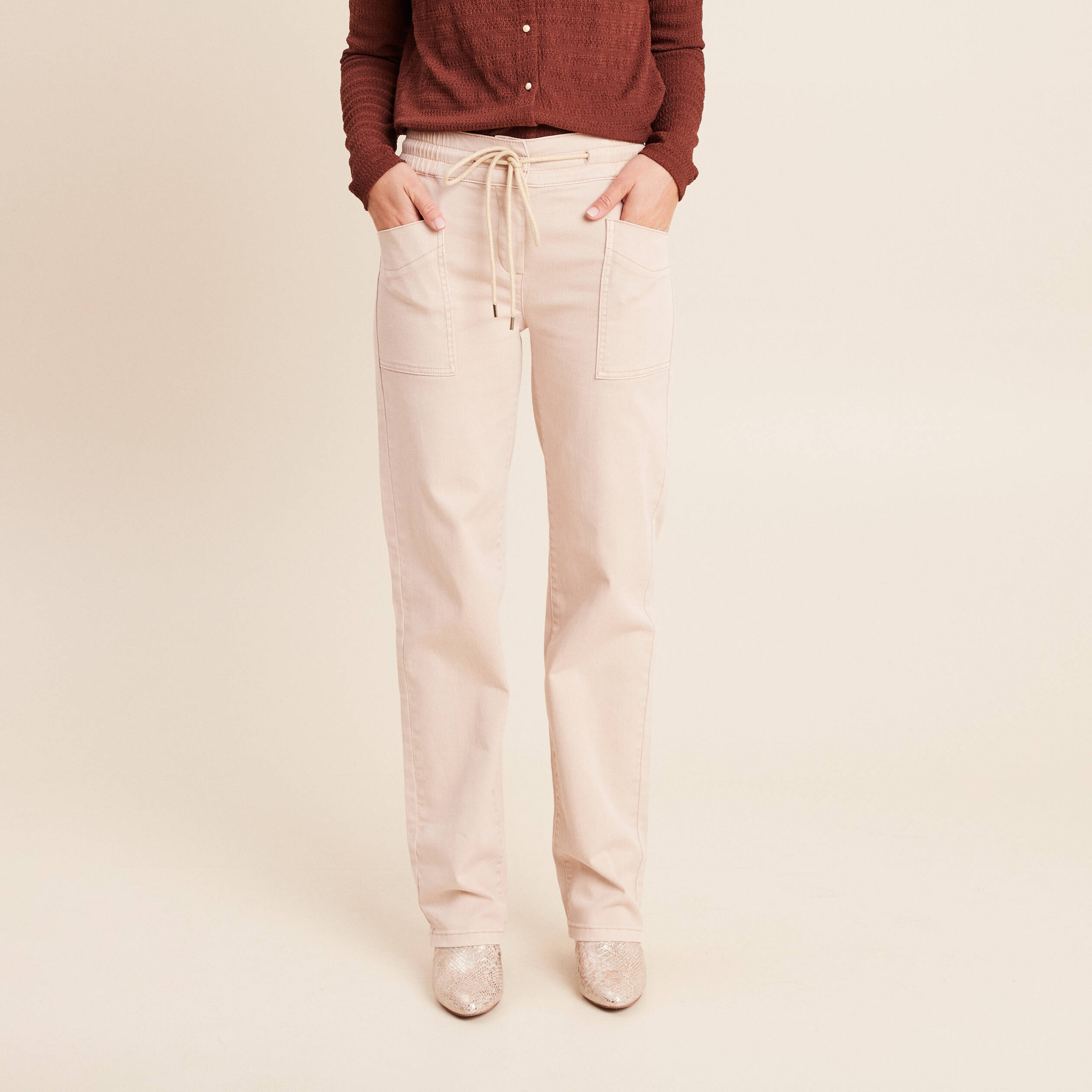 Pantalon taille haute coupe droite denim beige femme