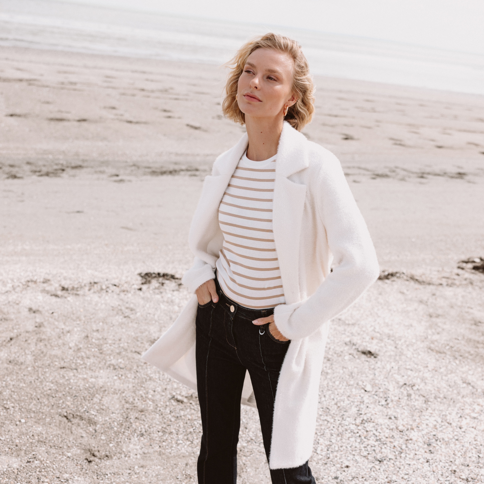 Gilet long boutonné ecru femme Vibs