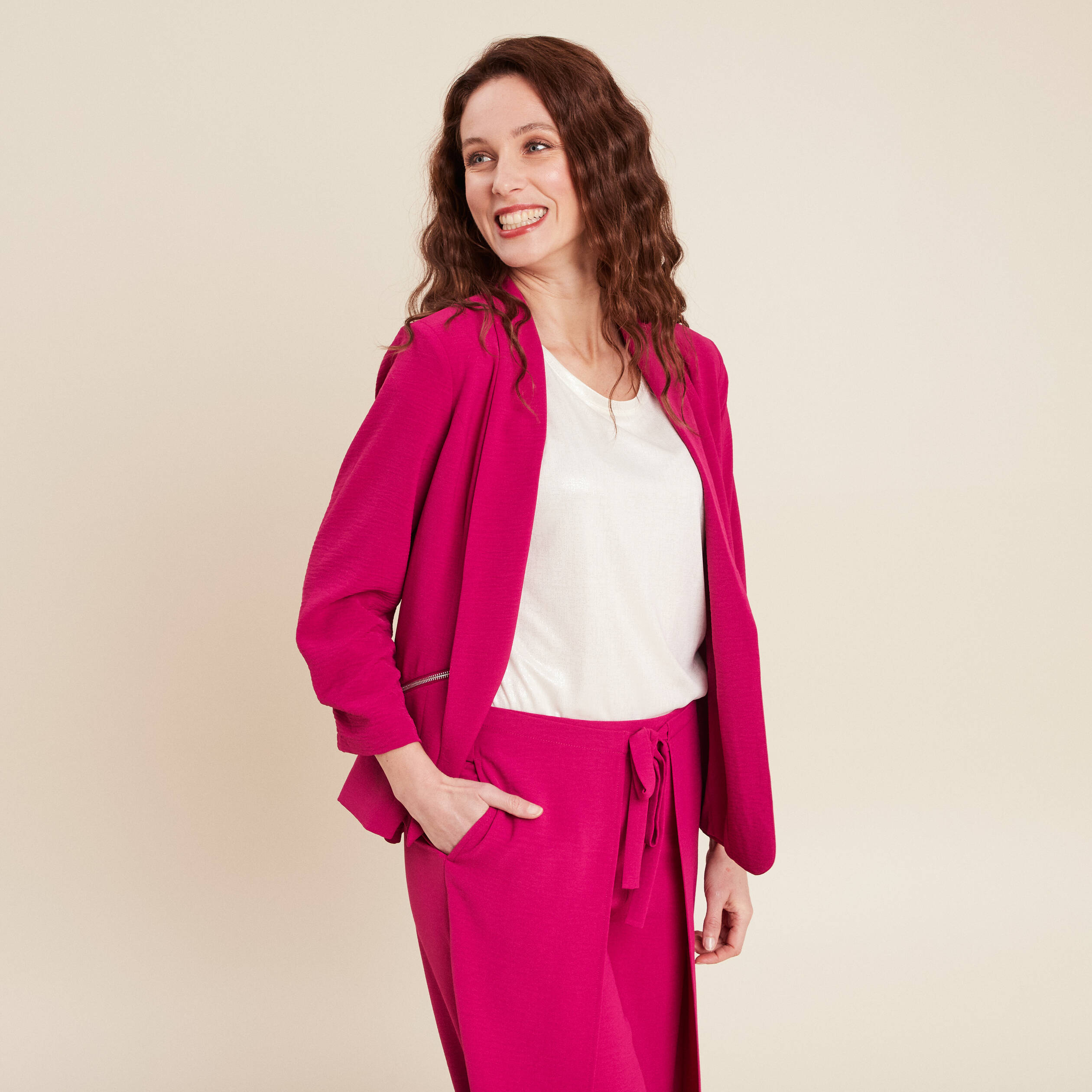 veste fluide col chale rose fushia femme Veste fluide col châle rose fushia femme