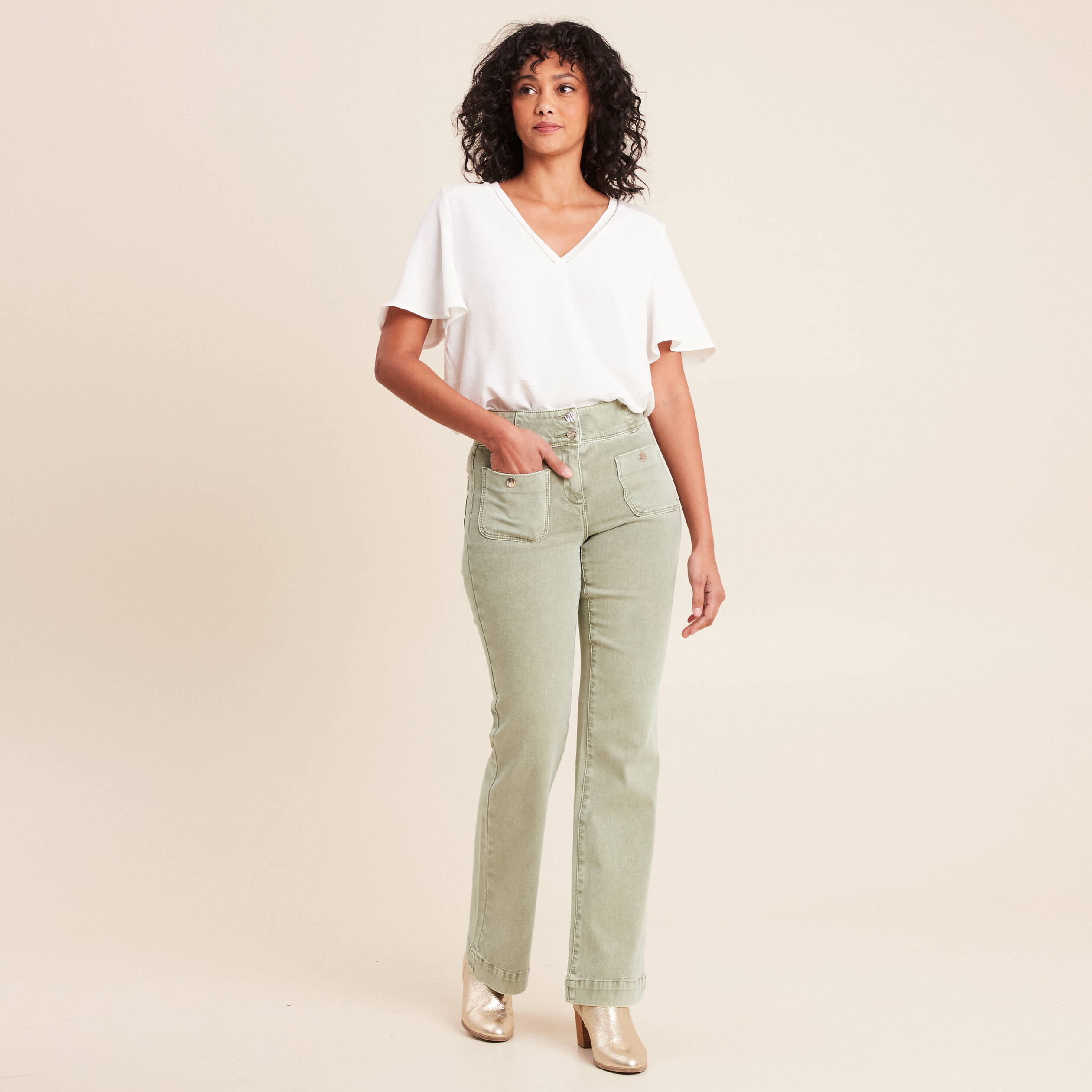 Jean coupe bootcut taille haute vert clair femme