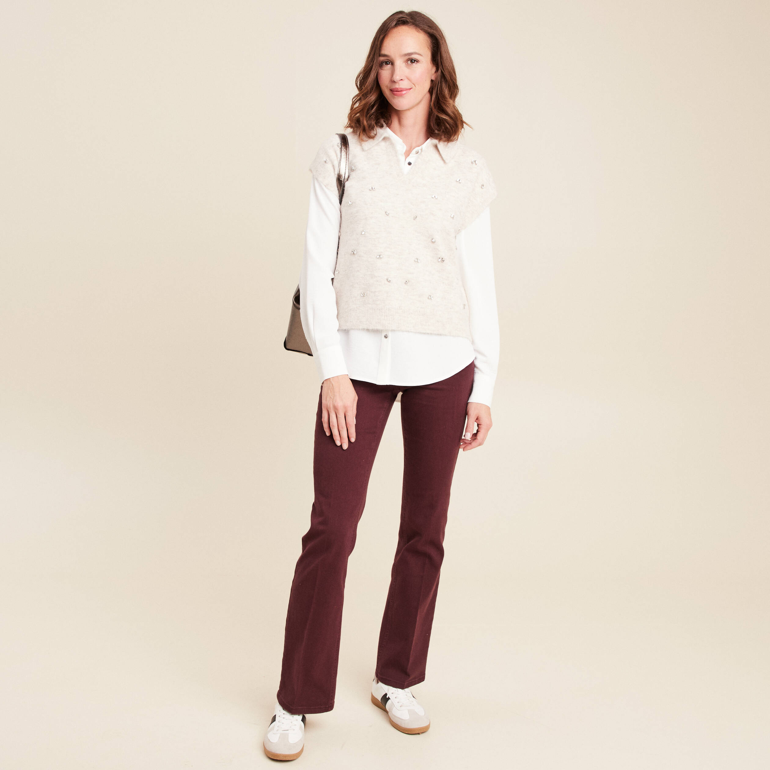 Pull sans manches col chemise beige femme