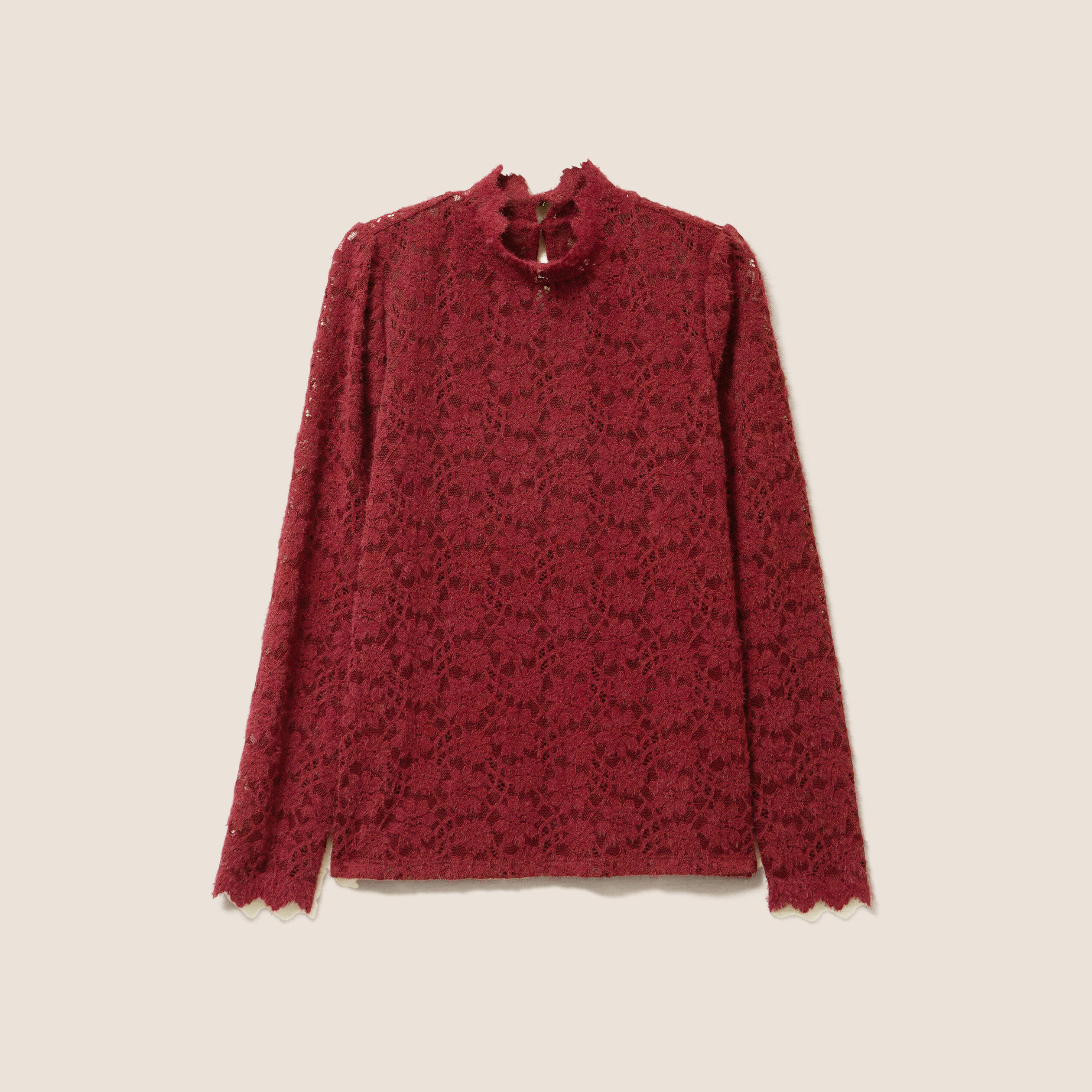 T-shirt cintr&eacute; col montant dentelle bordeaux femme