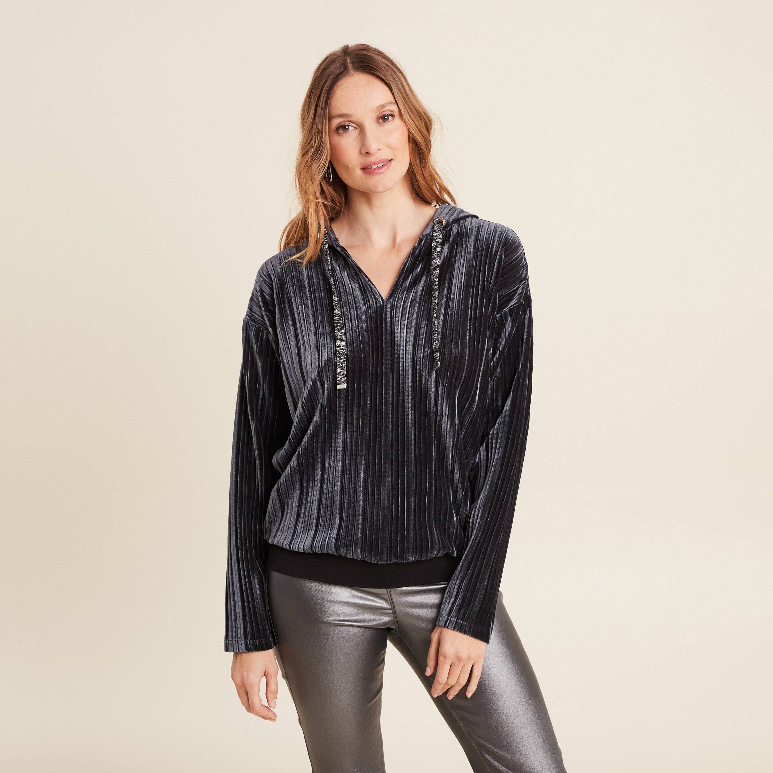 t shirt manches longues plisse gris argent femme T-shirt manches longues plissé gris argent femme