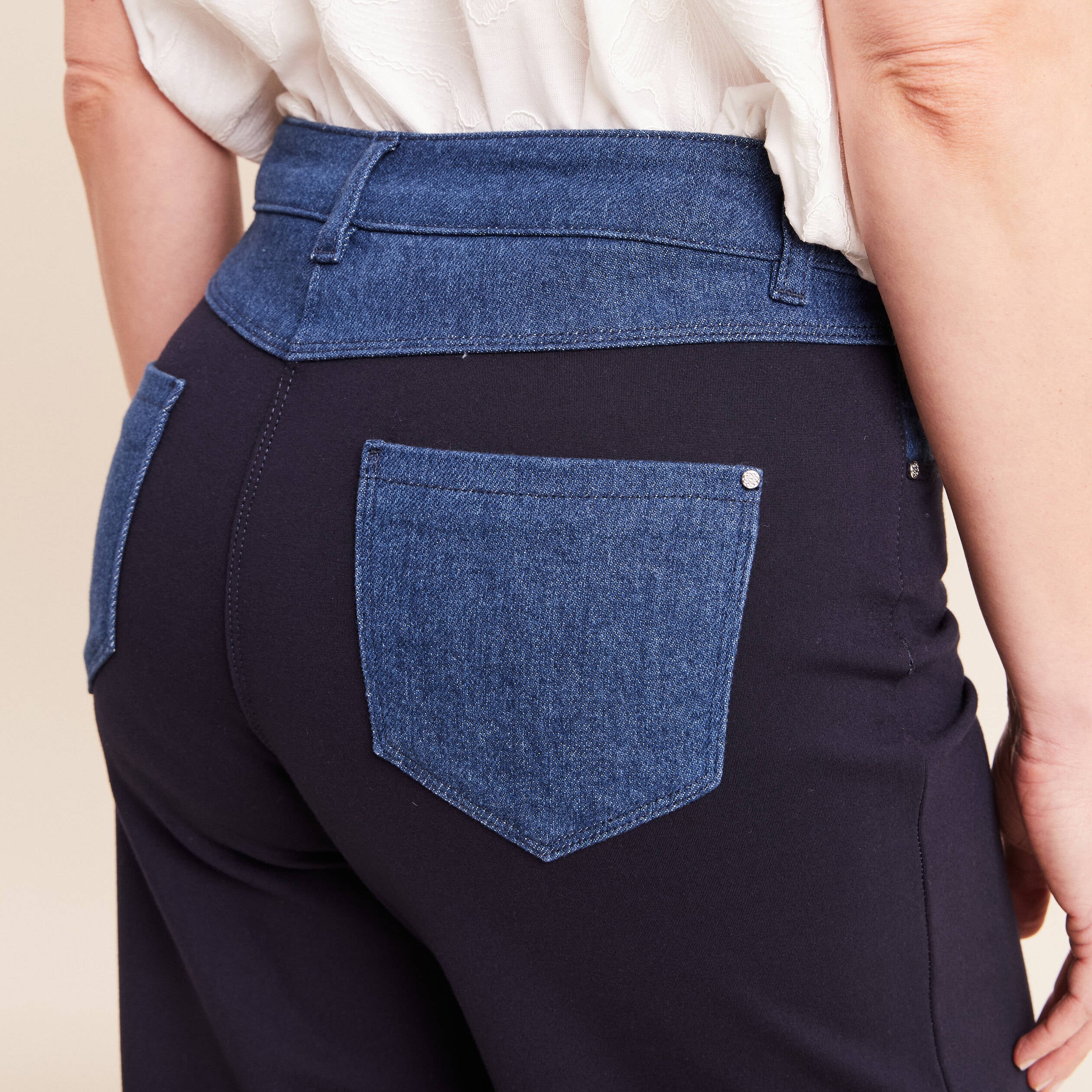 Pantalon large bi-mati&egrave;re bleu fonc&eacute; femme