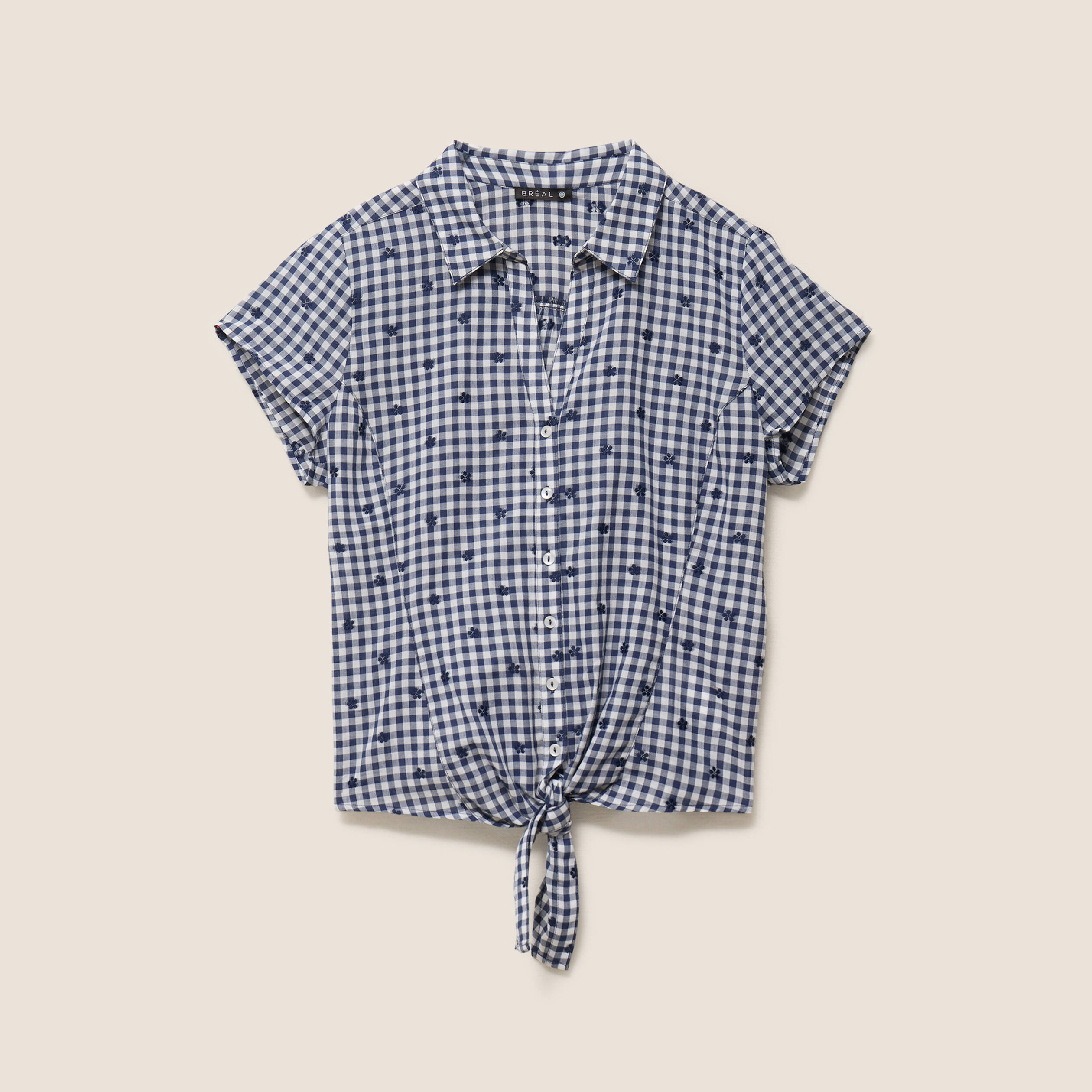Chemise cintr&eacute;e col v manches courtes bleu femme