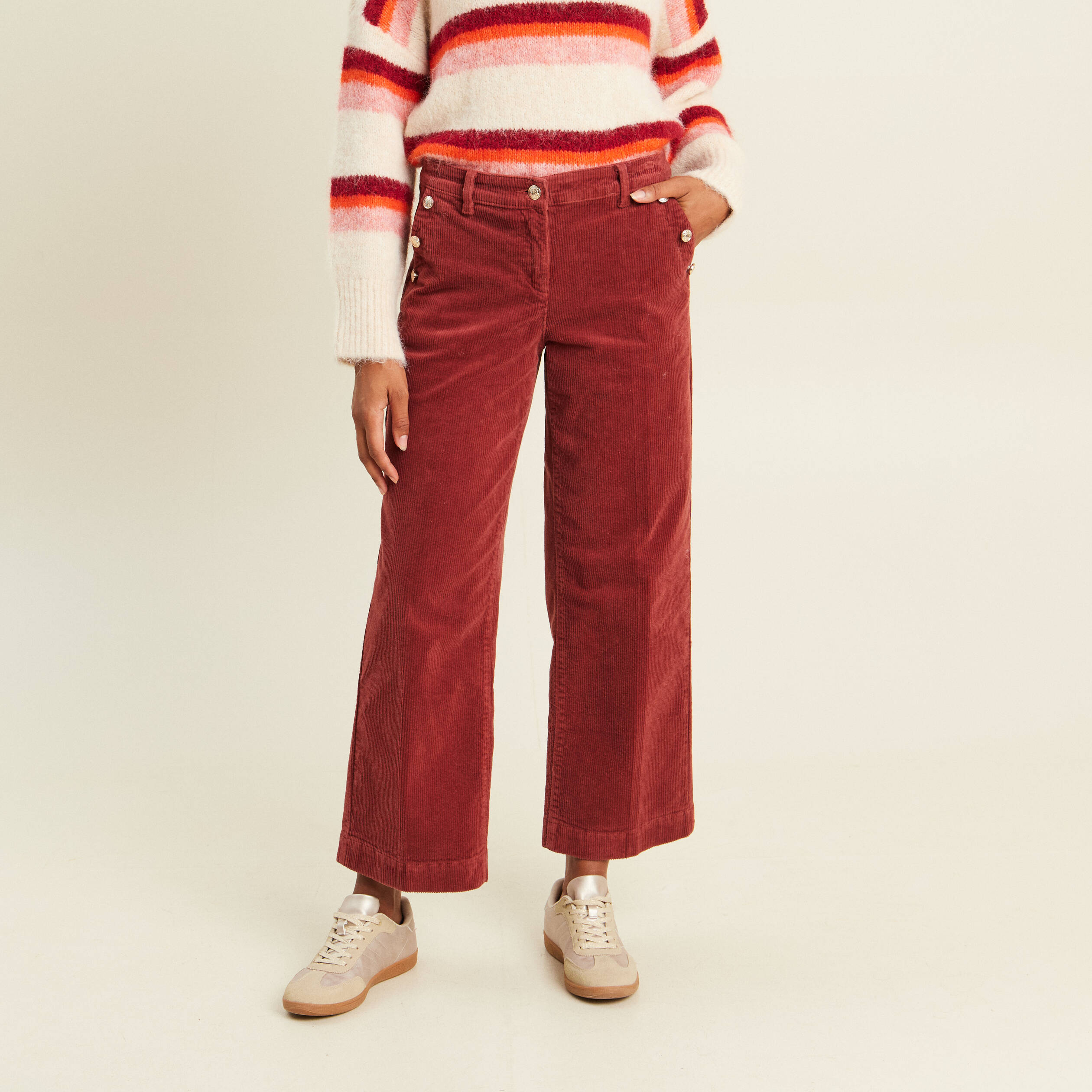 Pantalon large velours c&ocirc;tel&eacute; orange fonc&eacute; femme