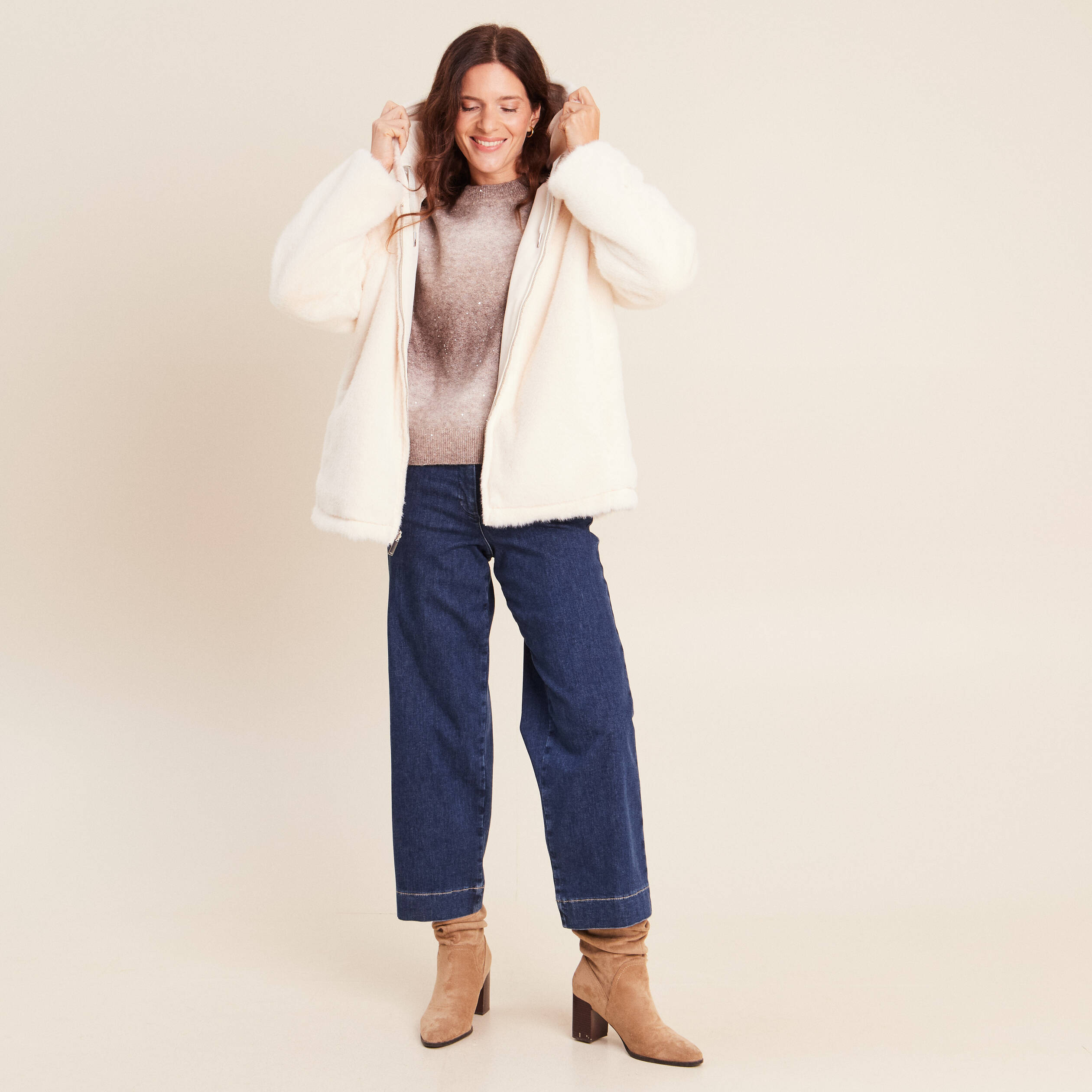 Parka r&eacute;versible courte &agrave; capuche ivoire femme