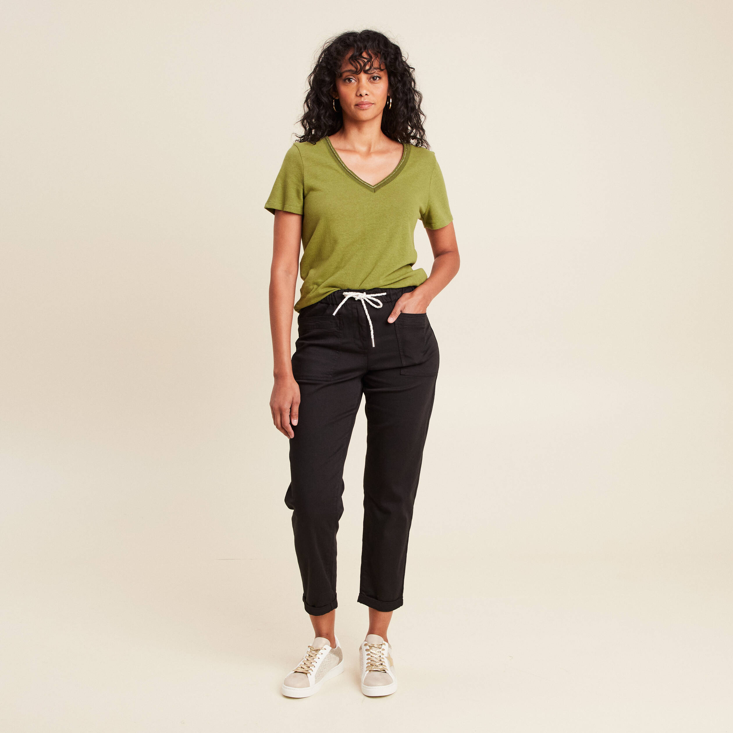 pantalon coupe droite a coulisse noir femme Pantalon coupe droite à coulisse noir femme