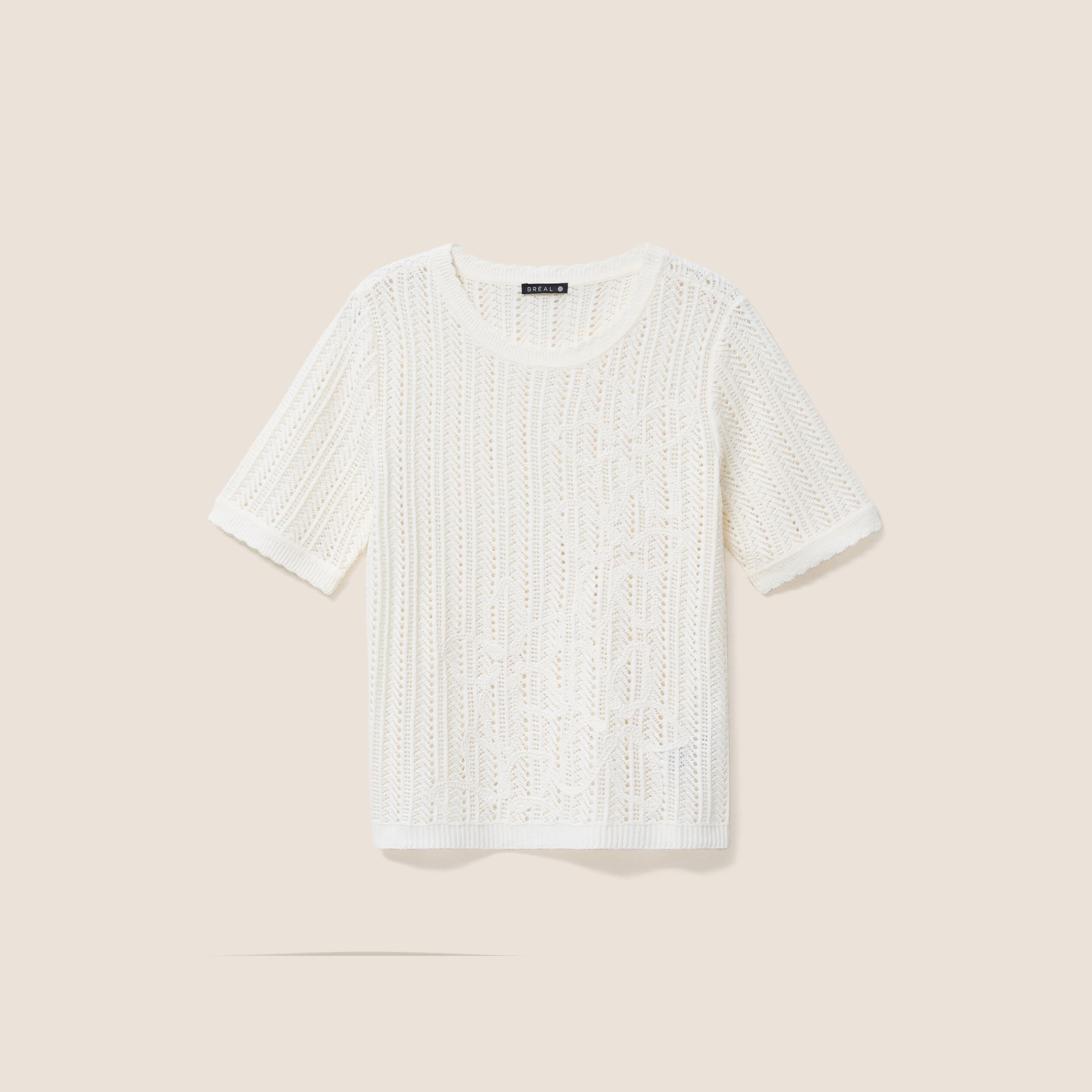 Pull ajour&eacute; col rond ecru femme