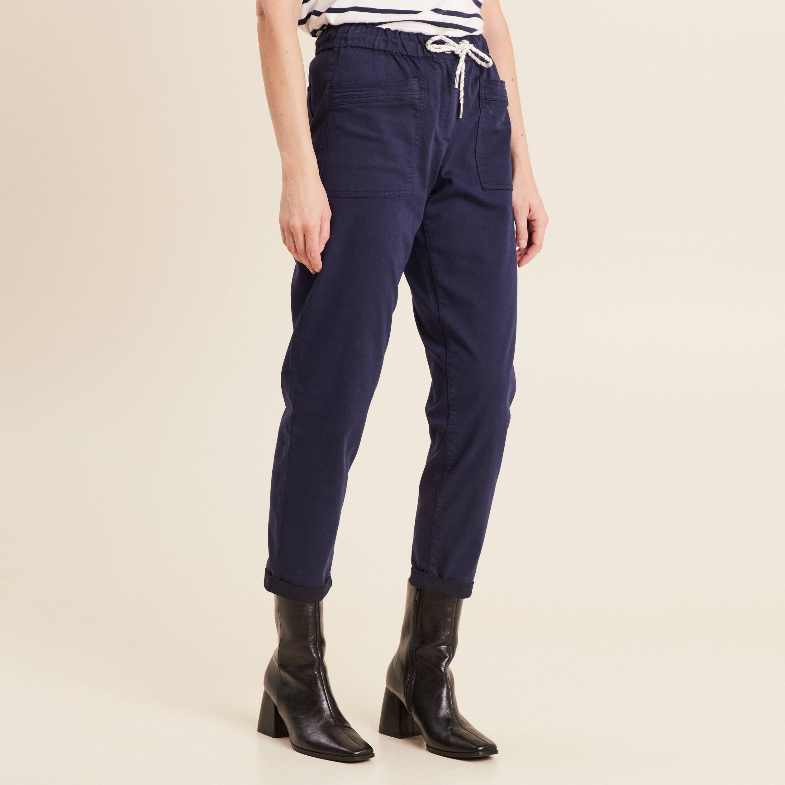 pantalon coupe droite a coulisse bleu marine femme Pantalon coupe droite à coulisse bleu marine femme
