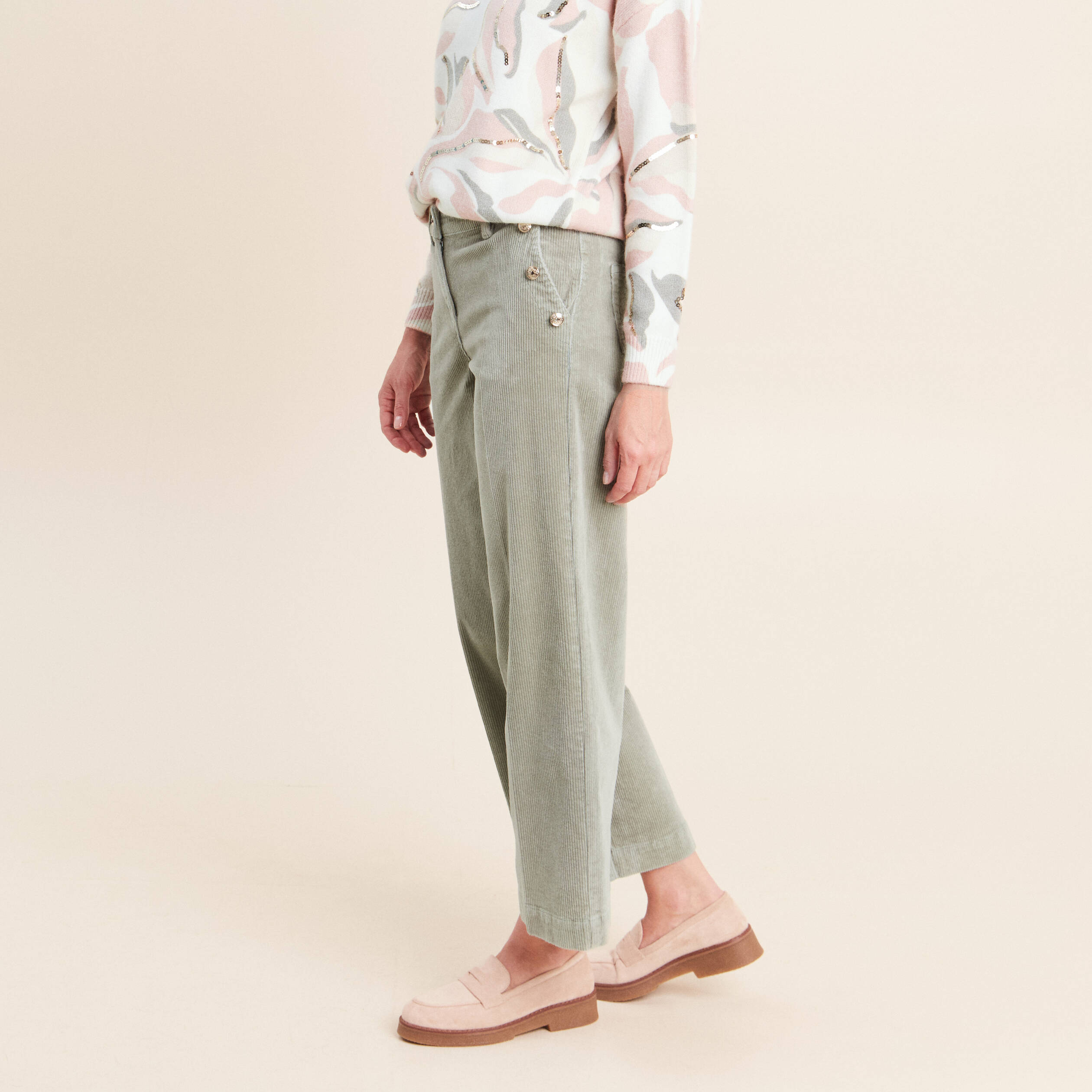 Pantalon large velours c&ocirc;tel&eacute; vert clair femme