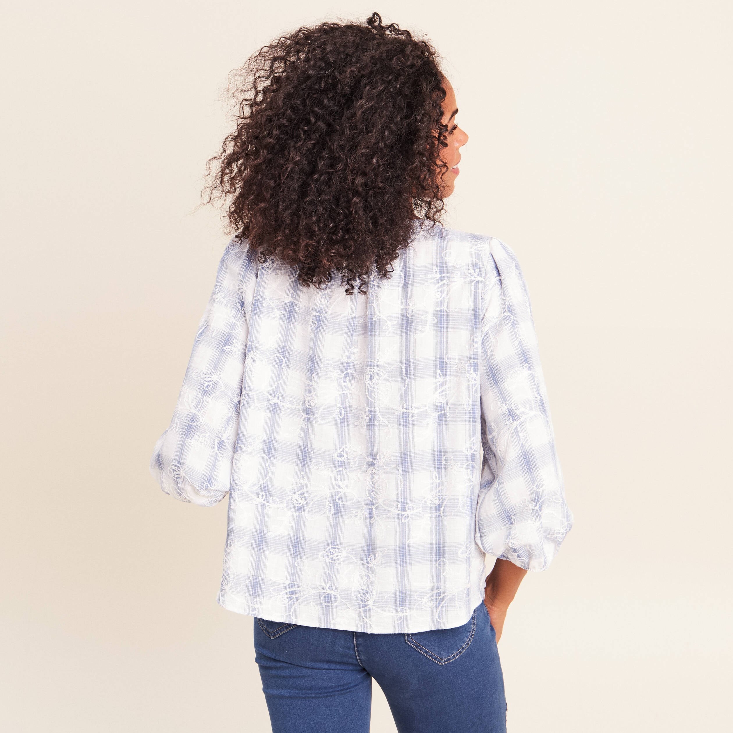 Blouse col tunisien manches 3/4 bleu femme