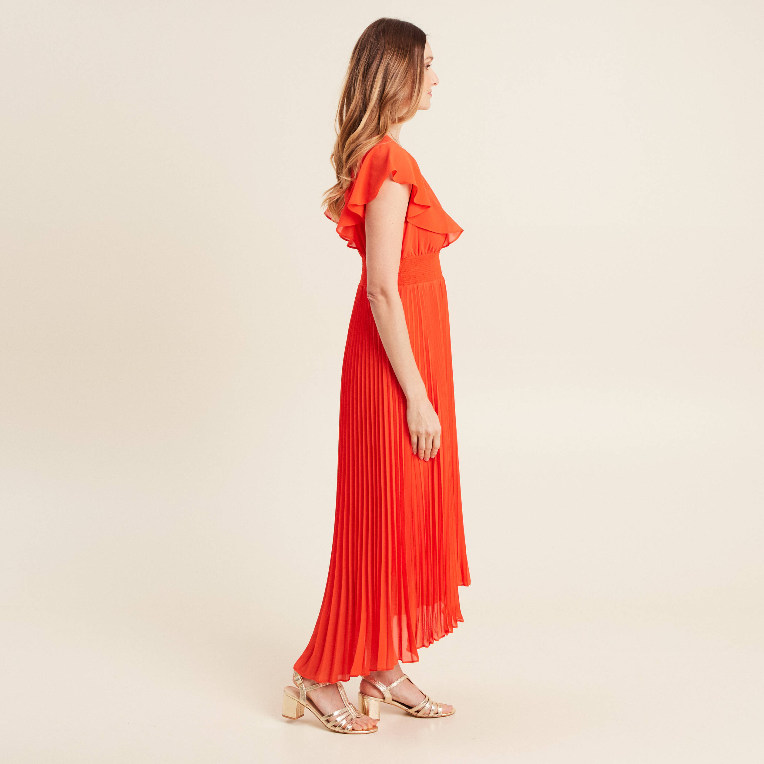 robe longue evasee a volants orange fonce femme Robe longue évasée à volants orange foncé femme