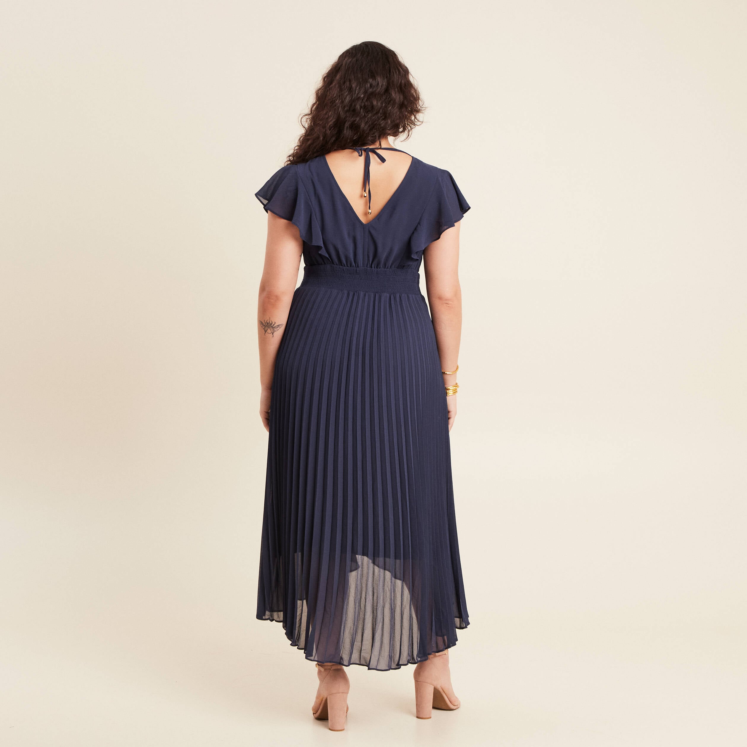 Robe longue &eacute;vas&eacute;e &agrave; volants bleu marine femme