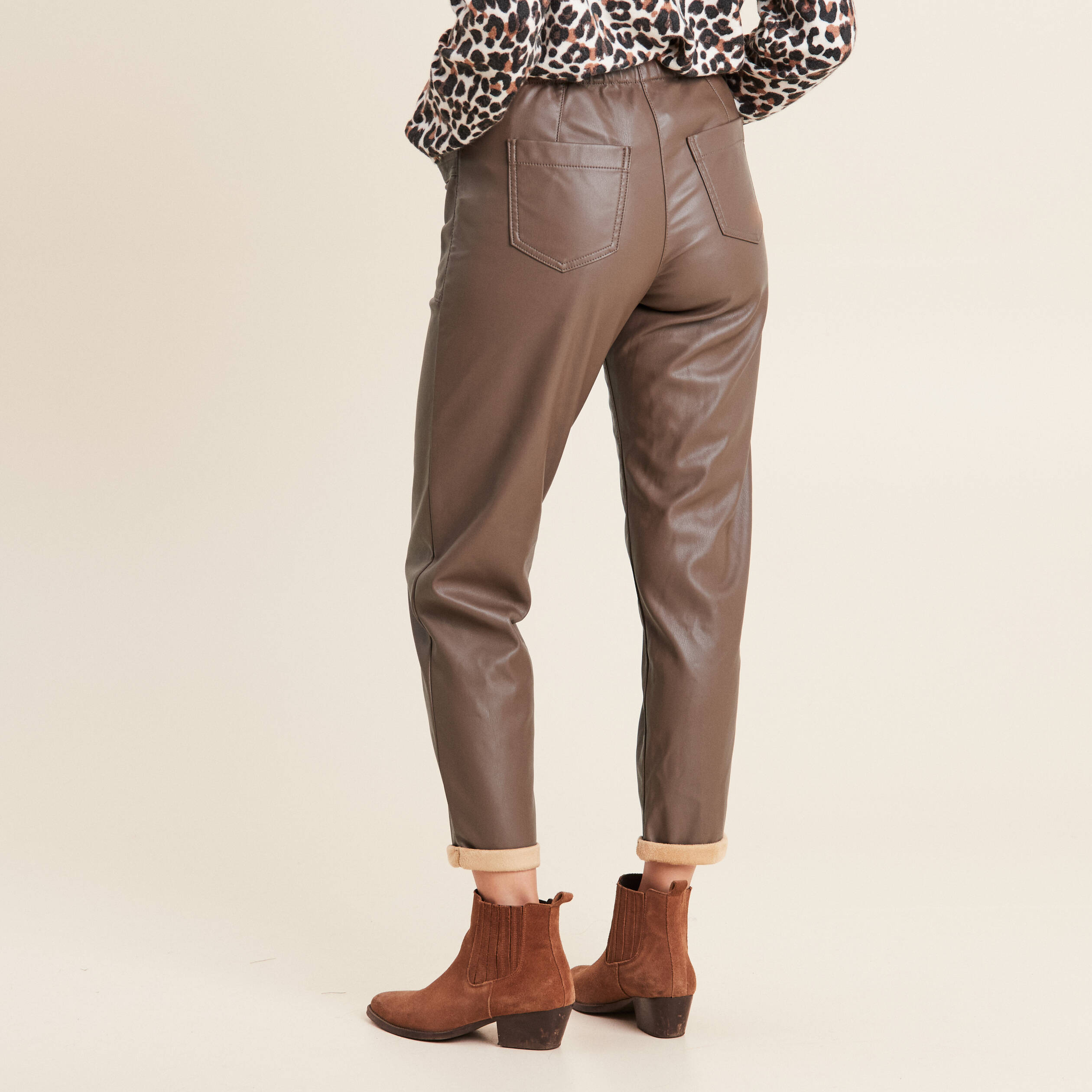 Pantalon paperbag simili cuir marron femme Vibs