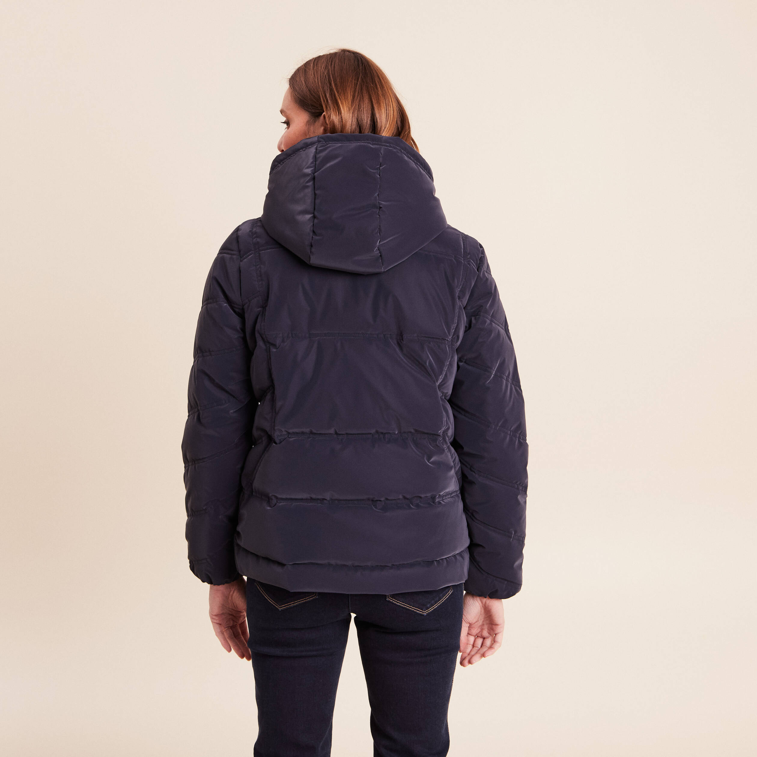 Doudoune cintr&eacute;e &agrave; capuche bleu fonc&eacute; femme