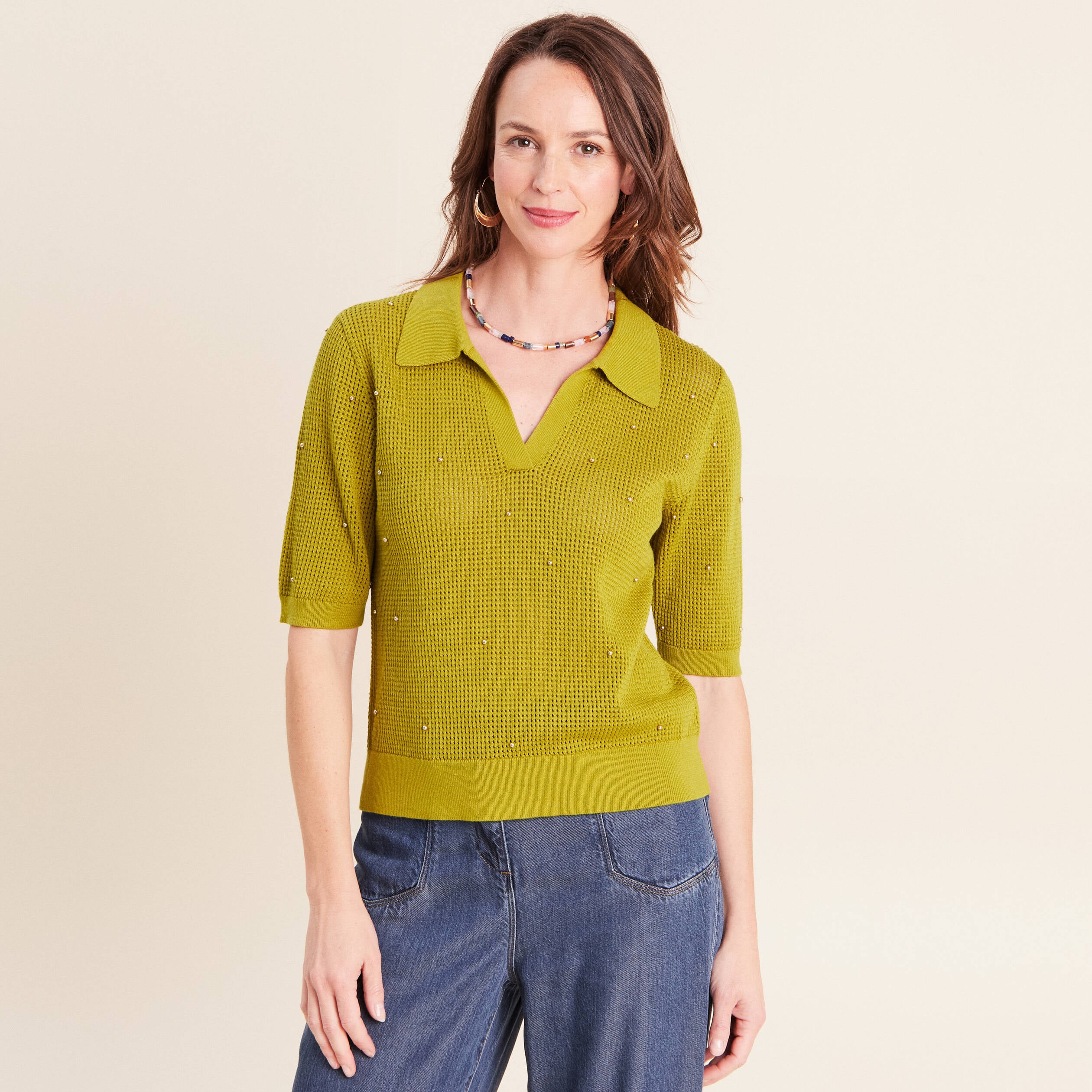 Polo ajour&eacute; col chemise manches courtes vert olive femme