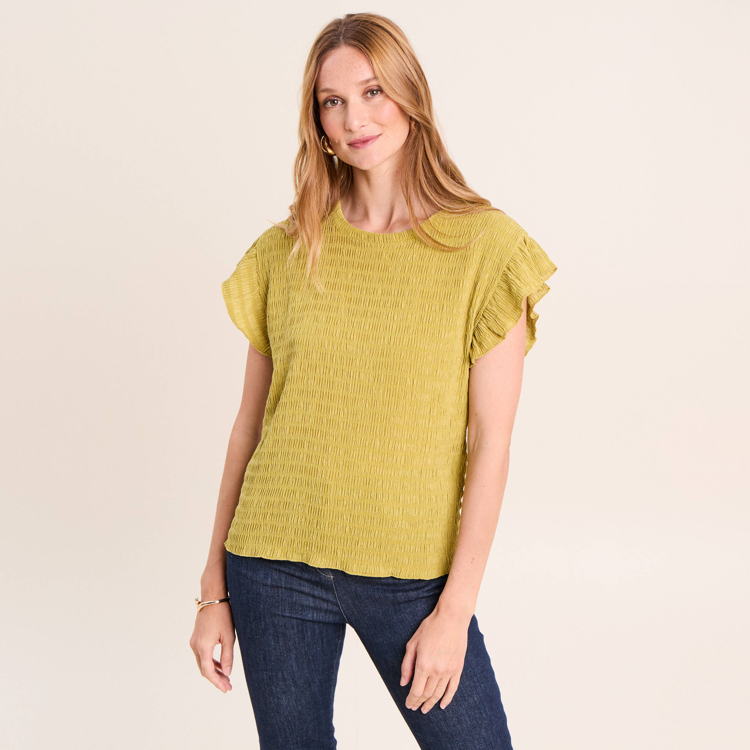 T-shirt col rond manches courtes vert olive femme