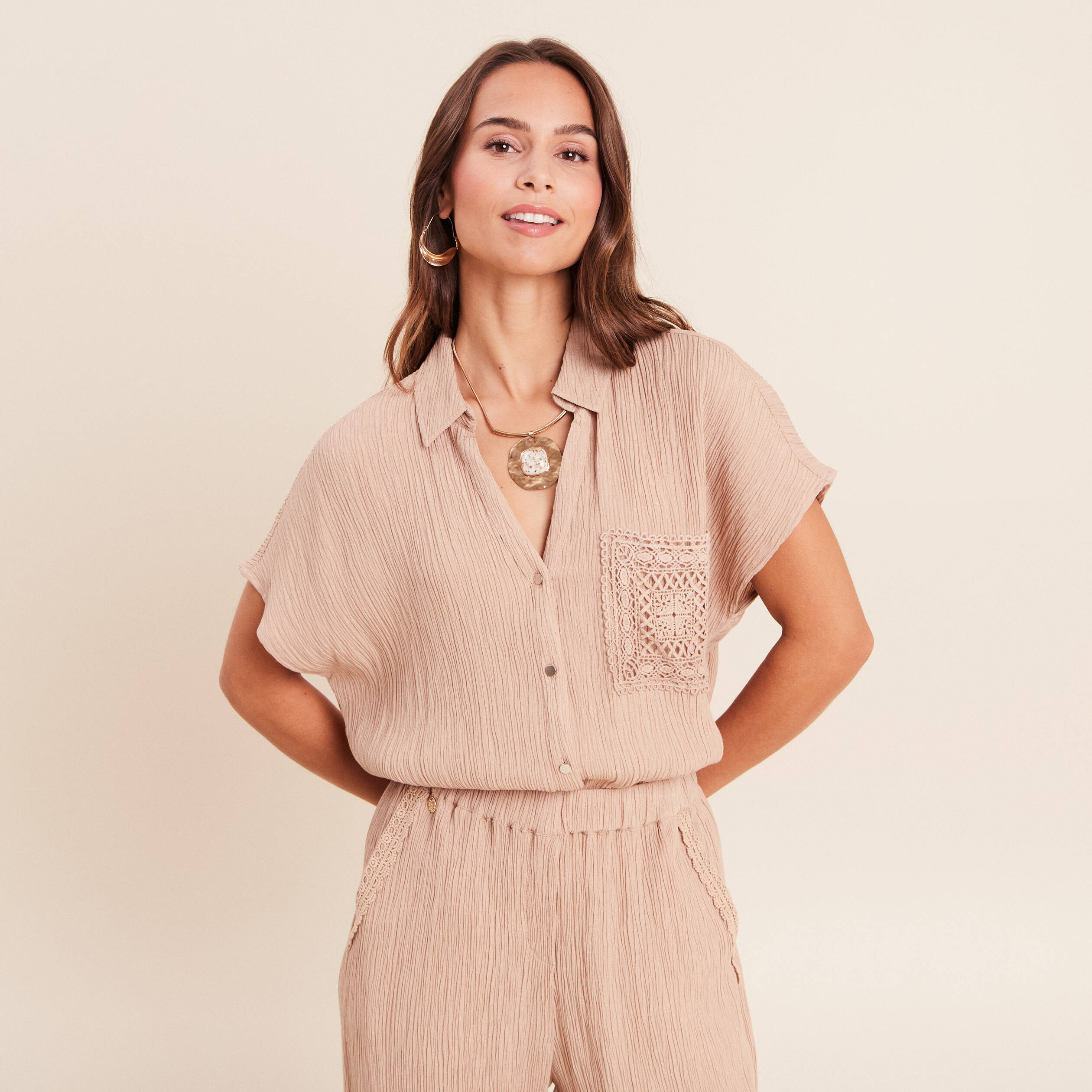 Chemise ample courte manches courtes sable femme