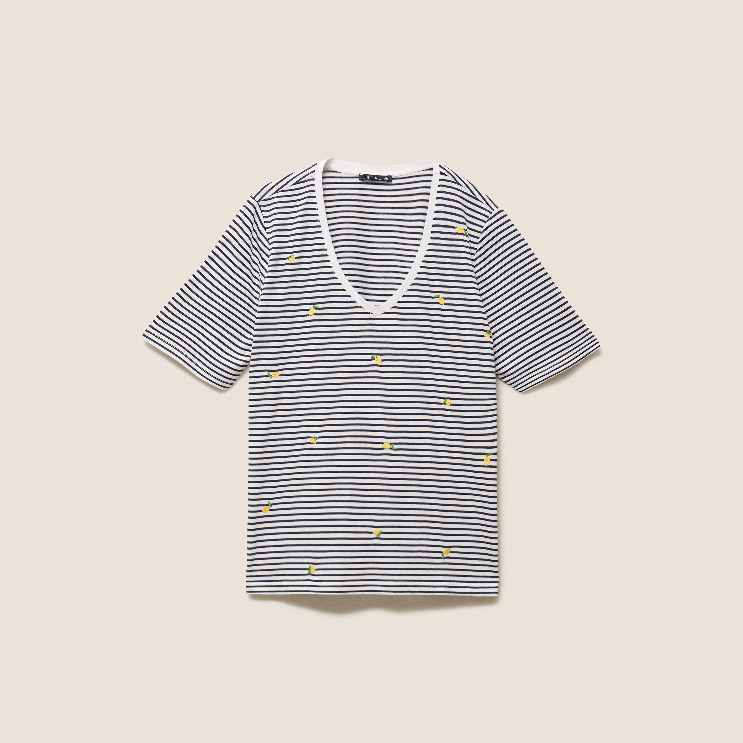 T-shirt droit broderie manches courtes bleu femme