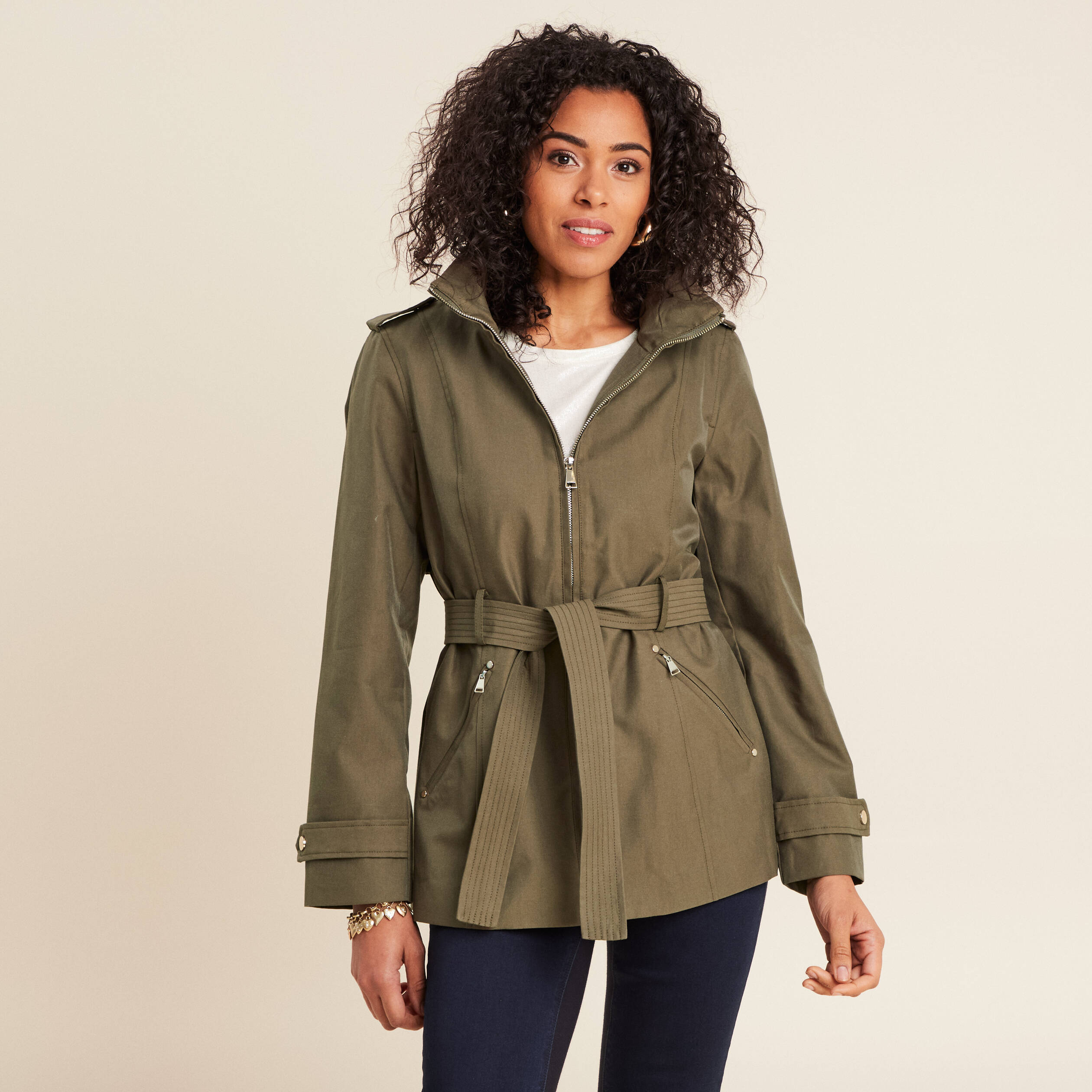 Parka droite ceintur&eacute;e vert olive femme